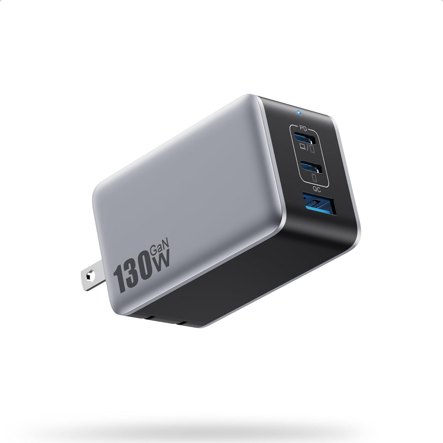 USB C Charger Block 130W, GaN IV 3-Port Compact Wall Charger,Foldable Fast Charg...