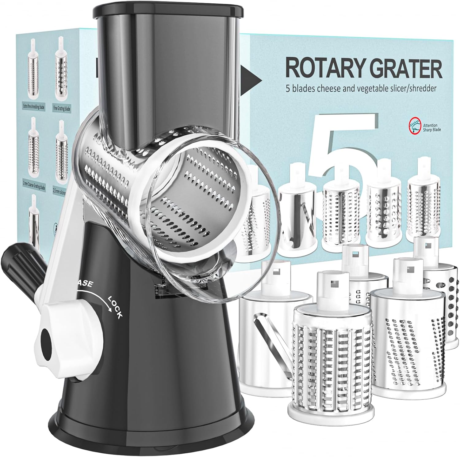 Cambom 5 in 1 Rotary Cheese Grater Hand Crank Cheese Shredder for Fresh Cheese,...