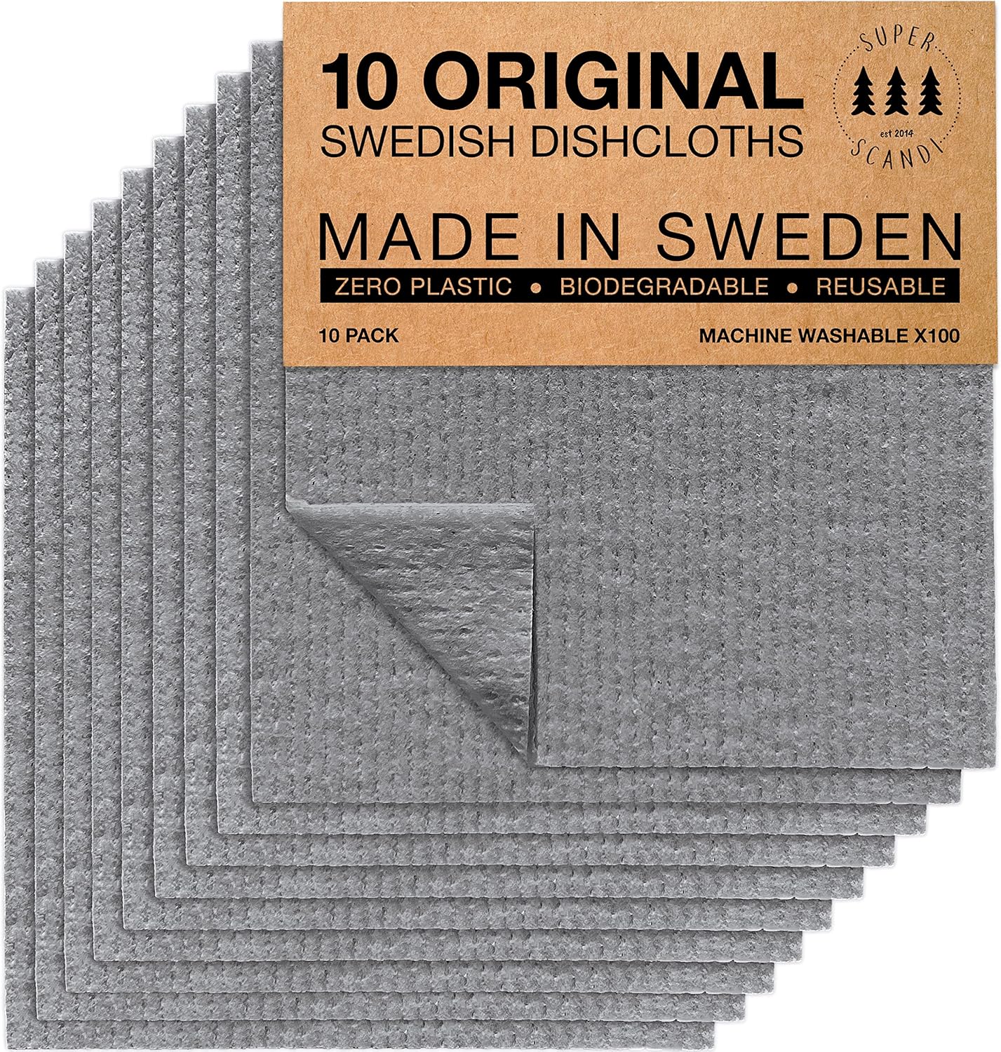 SUPERSCANDI 10 Pack Swedish Dishcloths for Kitchen - 100% Biodegradable & Compos...