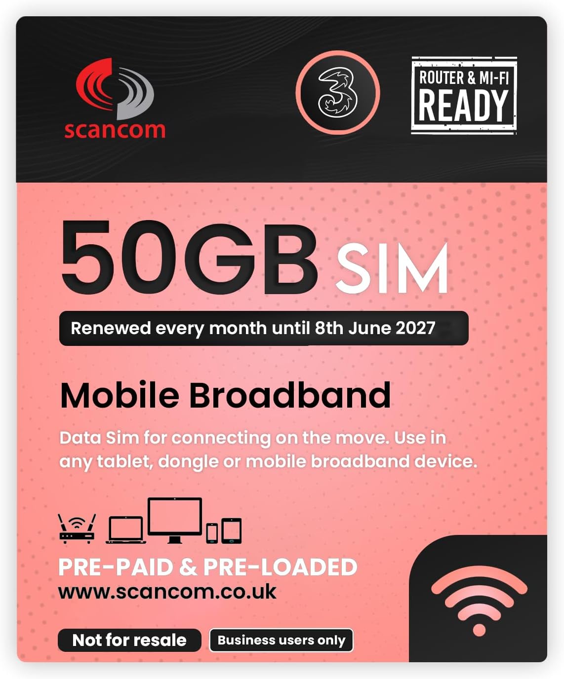 Three 50GB Data SIM - 5G Preloaded Data EVERY MONTH from now until 8th June 2027...