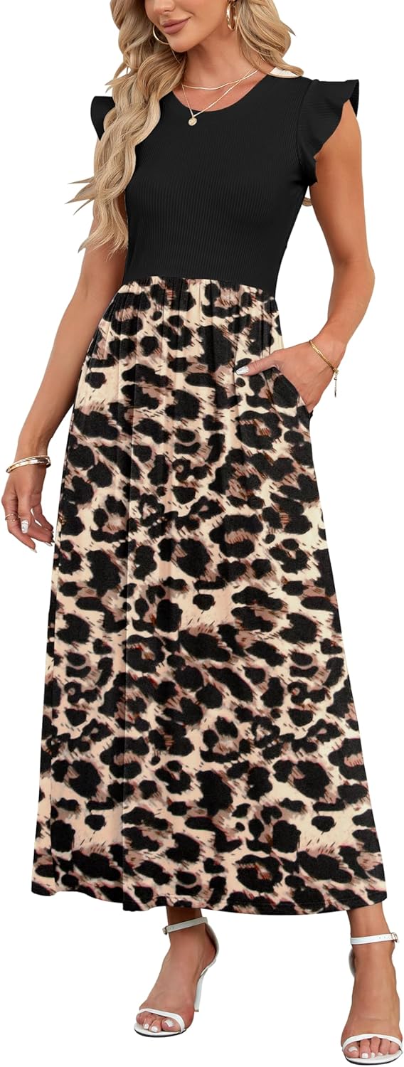 AUSELILY Women Summer Maxi Dress Ruffle Petal Short Sleeve Dresses with Pockets...