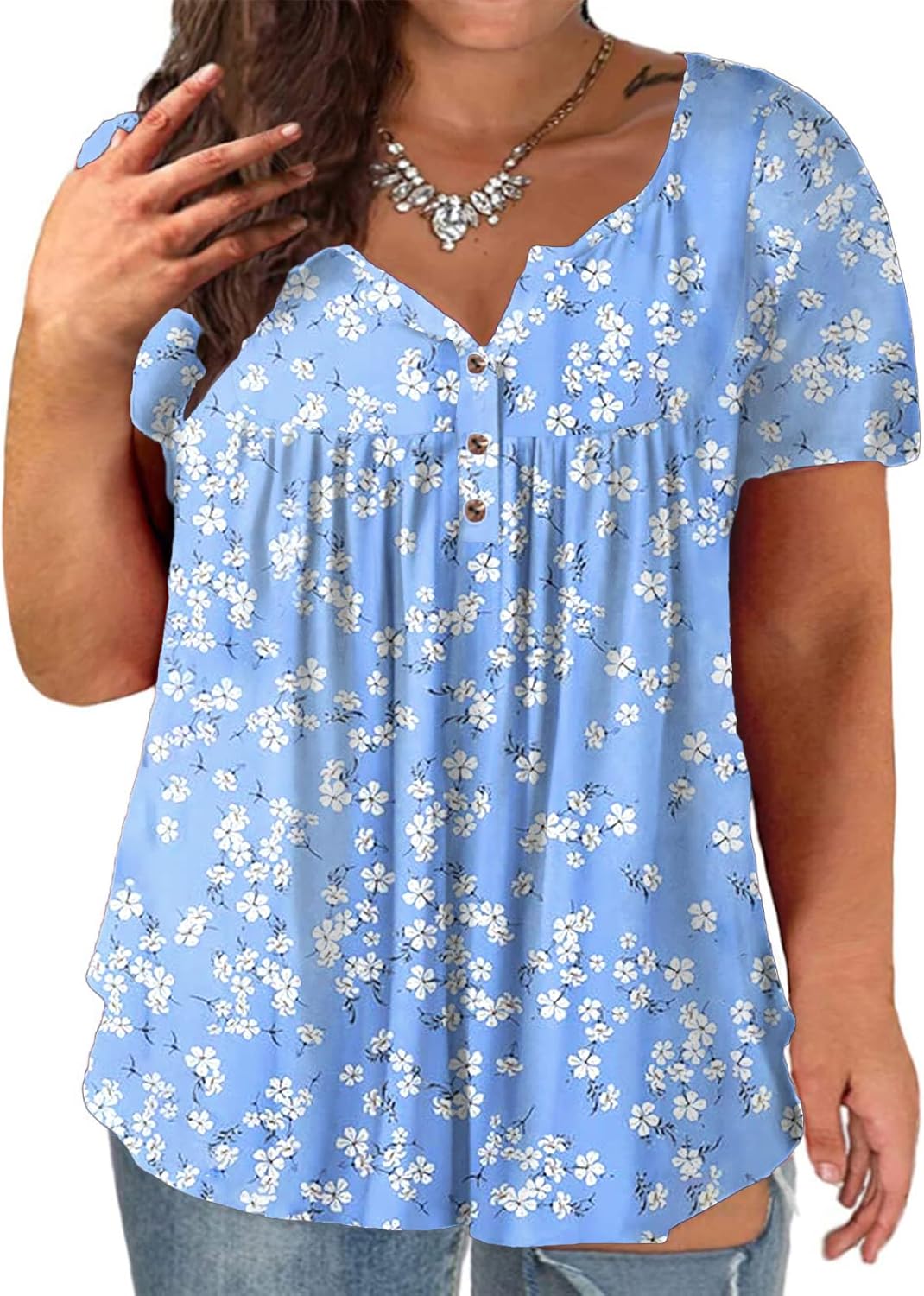 VISLILY Women's Plus Size Henley Shirts Flowy Summer Tops Pleated Buttons Up Tun...
