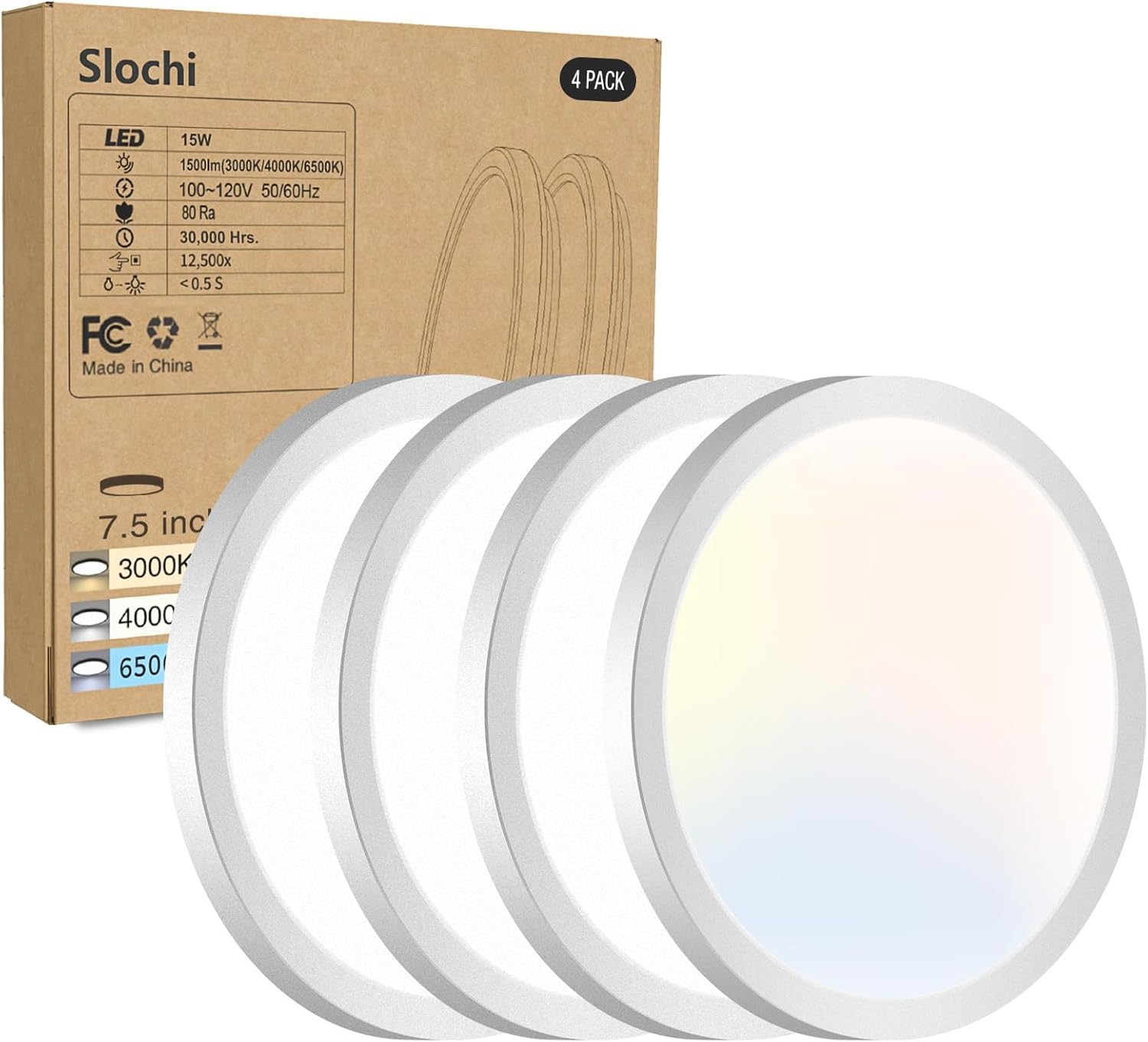 4PACK LED Flush Mount Ceiling Light Fixture, 3000K-4000K-6500K & 100W Equivalent...