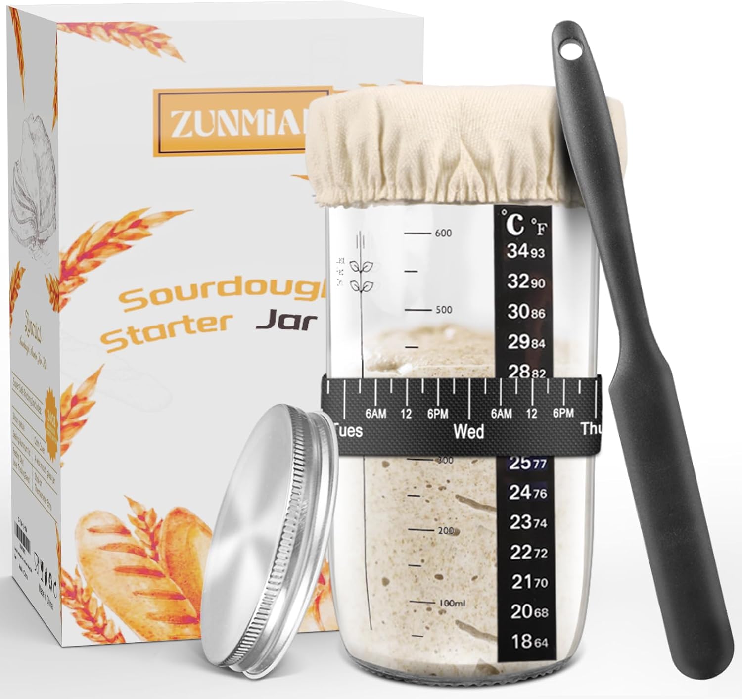 zunmial Sourdough Starter Jar 680ml, Glass Sourdough Starter Kit with Date Feedi...