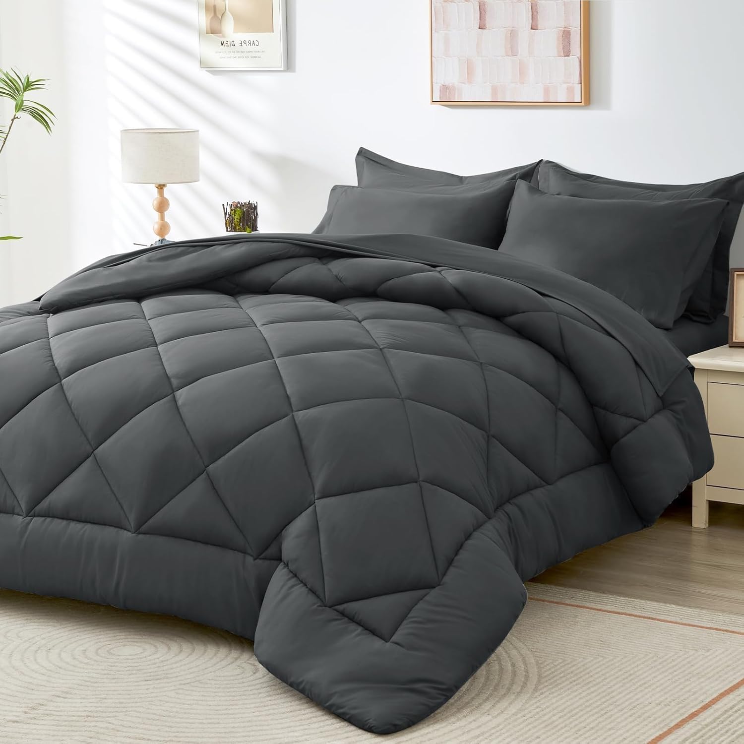 HEVUMYI Cali-King Comforter Set - 7-Piece All Season Bed in a Bag Cali-King, Ult...