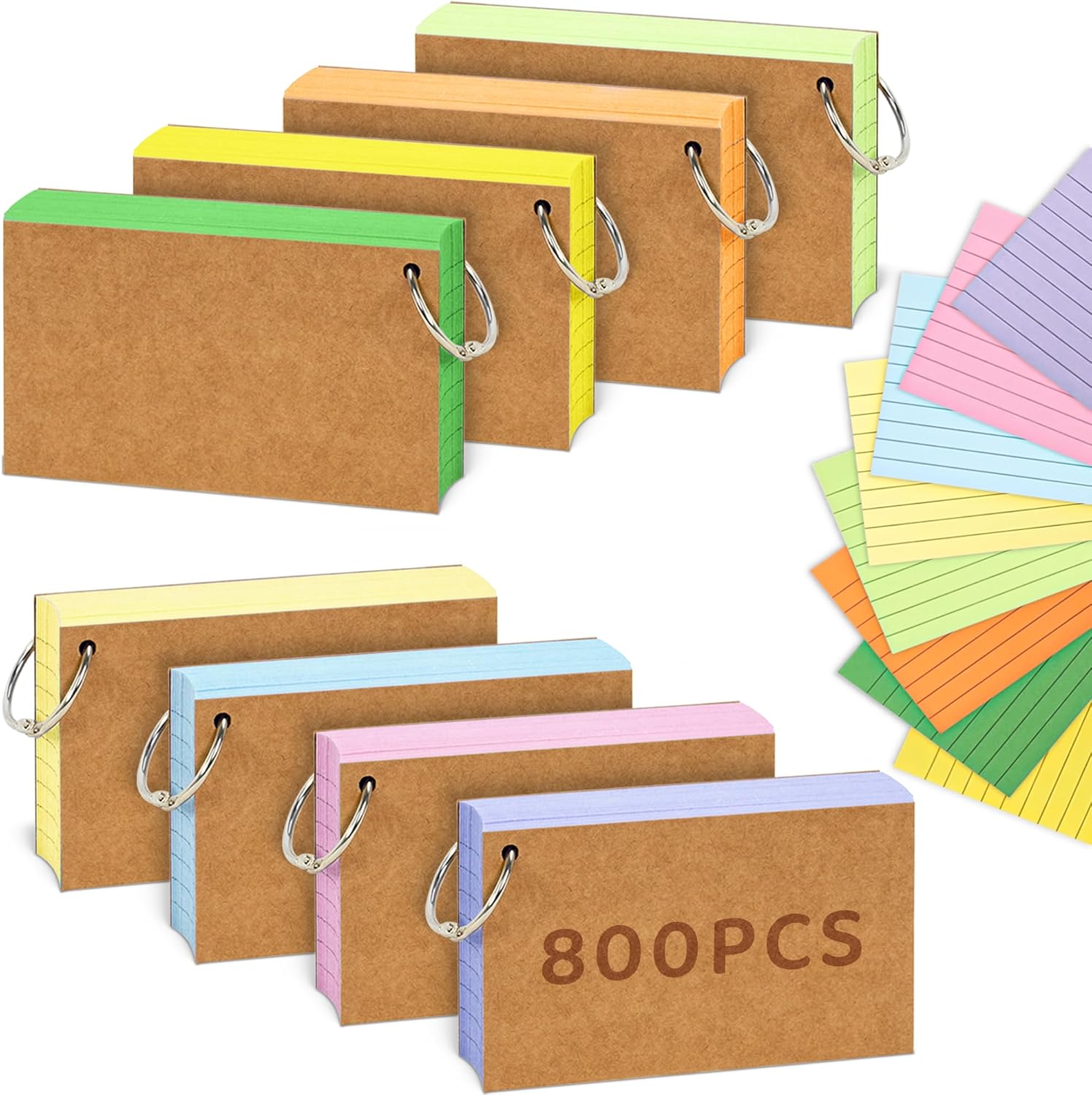 A7 Flash Card, 8 Pack 800 Pcs Revision Cards Index Cards Ruled Flashcards Multic...