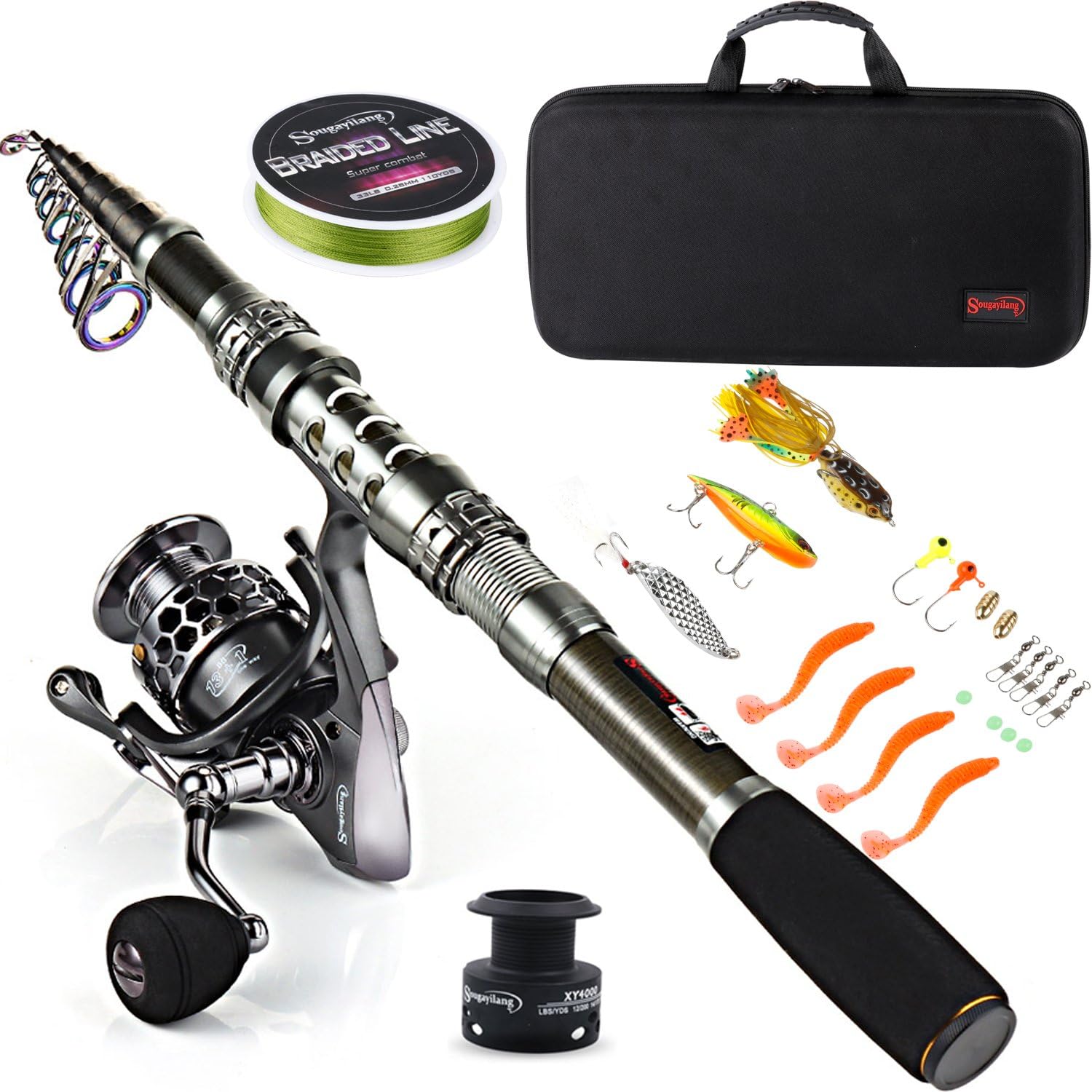 Sougayilang Fishing Rod Combos with Telescopic Fishing Pole Spinning Reels Fishi...