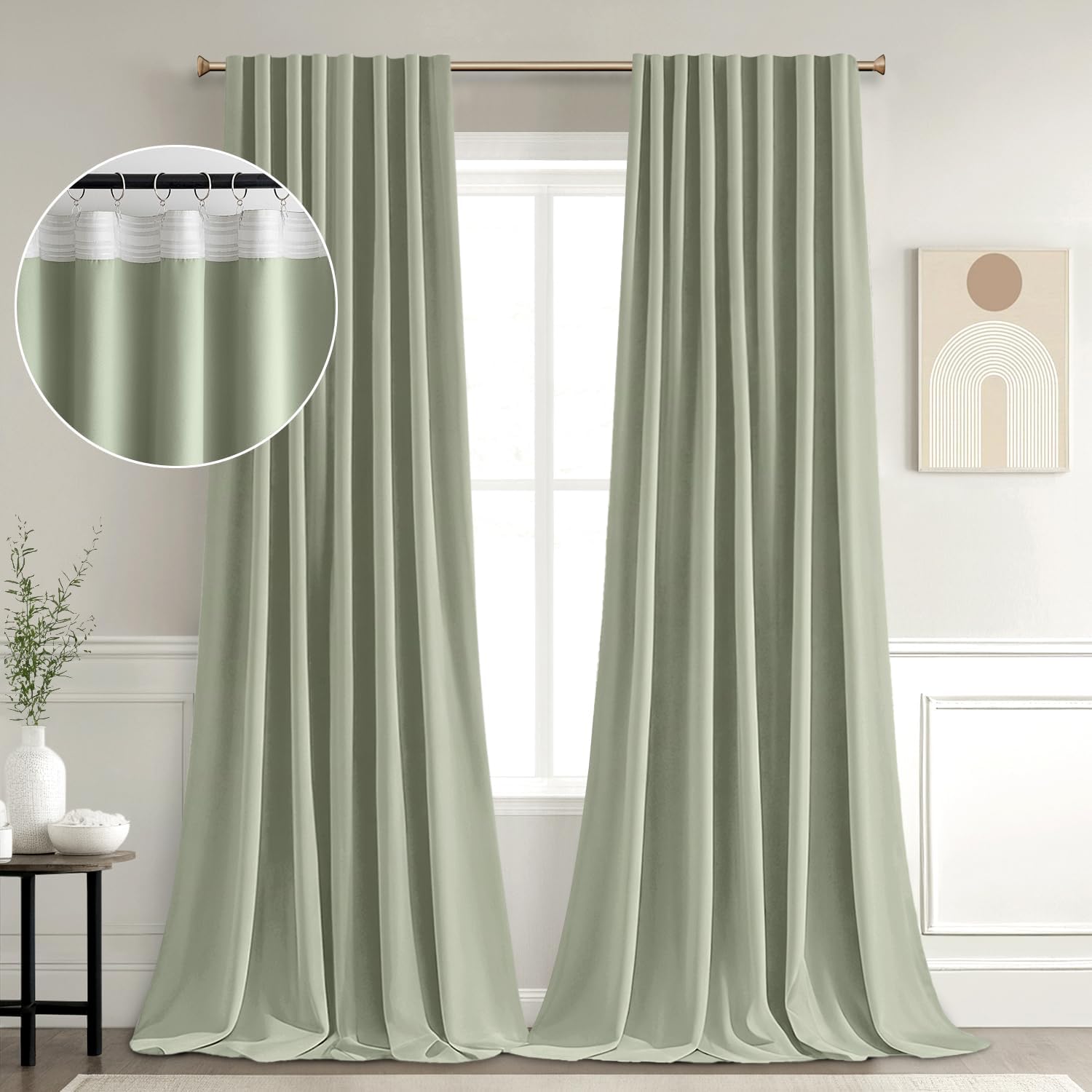 Woaboy Back Tab Sage Green Blackout Curtains 102 Inch Long 2 Panels Drapes for L...