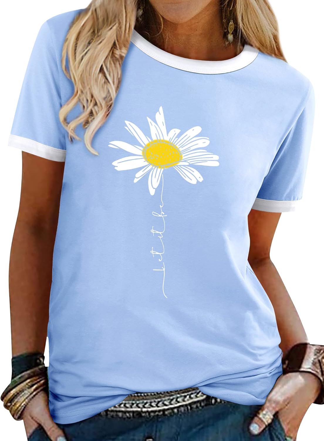 Dresswel Women Let It Be T Shirt Daisy Flower Graphic Print T-Shirt Crew Neck Sh...