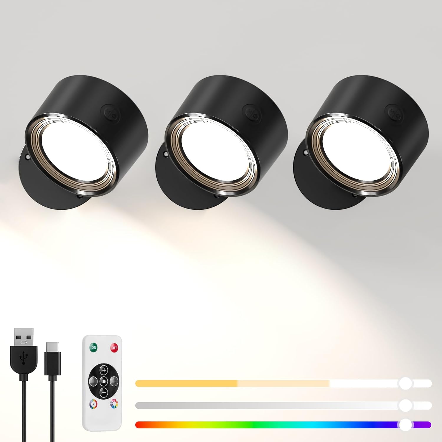 LED Wall Reading Lights with Remote, 3 Pcs Rechargeable RGB Wall Mounted Reading...