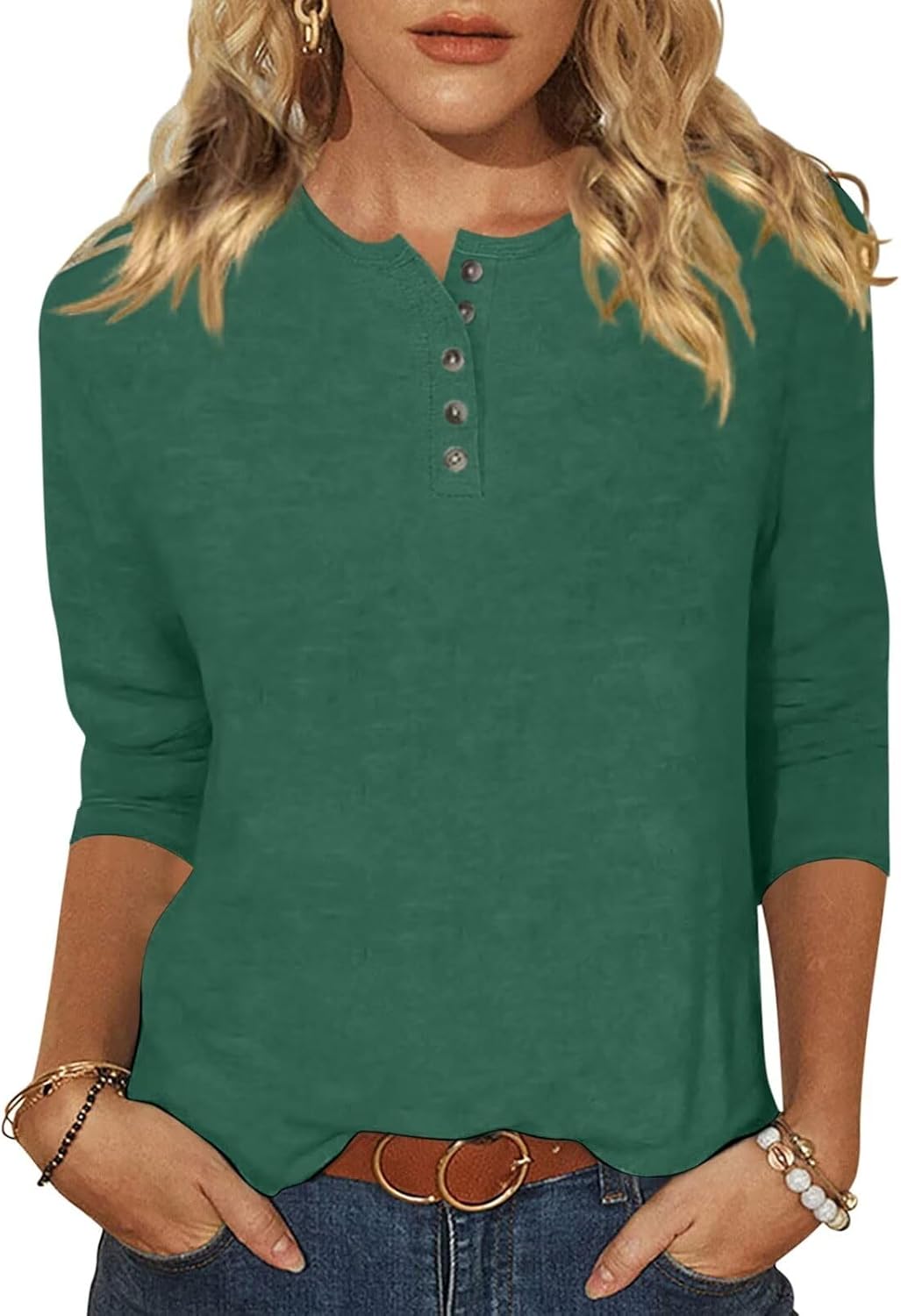 EADINVE Womens Crew Neck 3/4 Sleeve Tops Basic Button T-Shirts Solid Loose Cute...