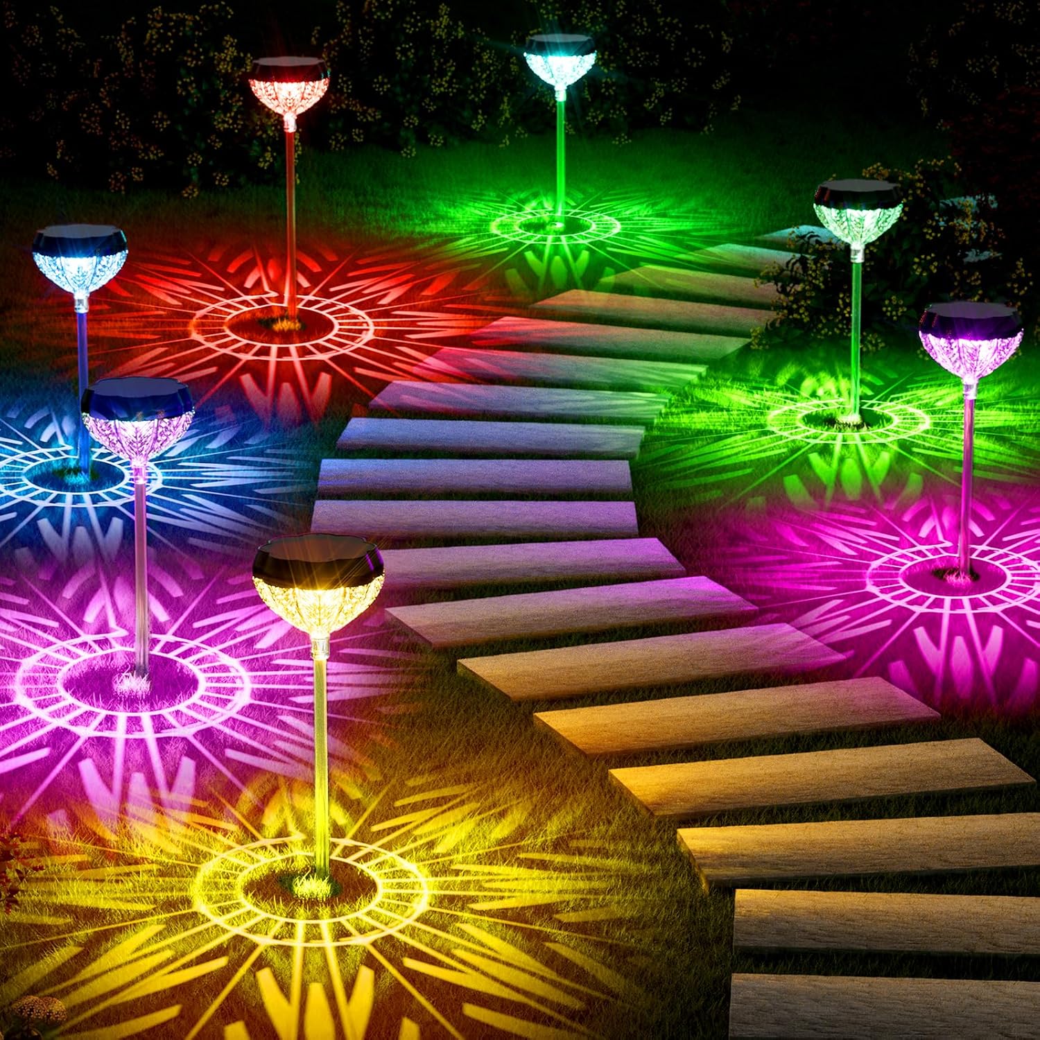 Solar Pathway Lights 4 Pack, 7-Color Changing+Warm White Solar Garden Lights Out...