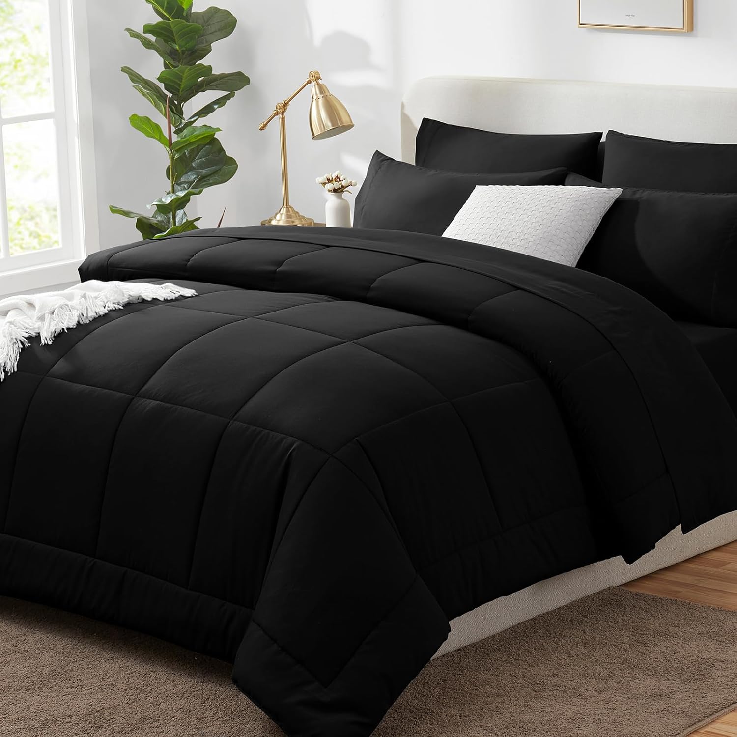 CozyLux King Size Comforter Set 7 Pieces Bed in a Bag Black Comforter King Bed S...