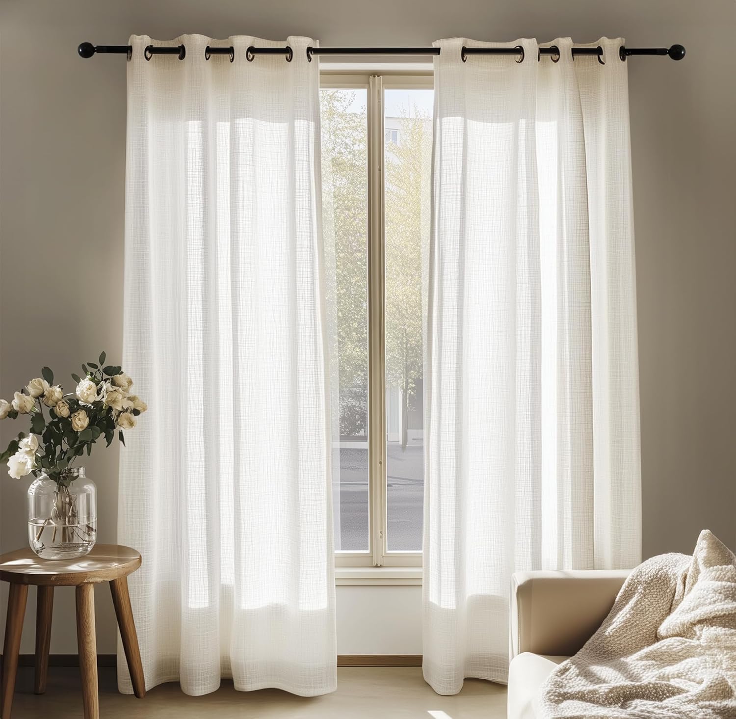 Deconovo Decorative Eyelet Sheer Curtains, Super Soft Linen Net Curtains Semi Tr...