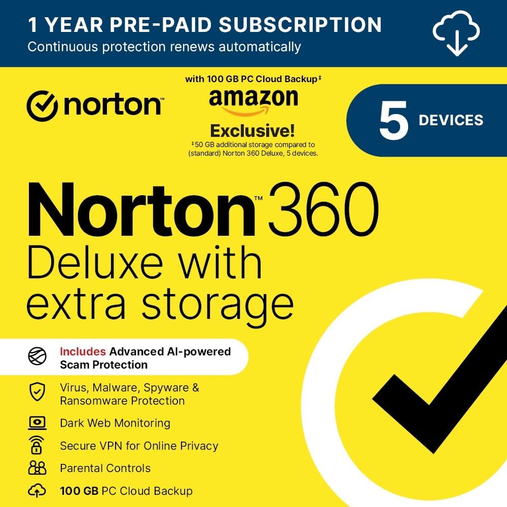 Norton 360 Deluxe with Extra Storage, 50 GB Extra Cloud Backup, Antivirus Softwa...
