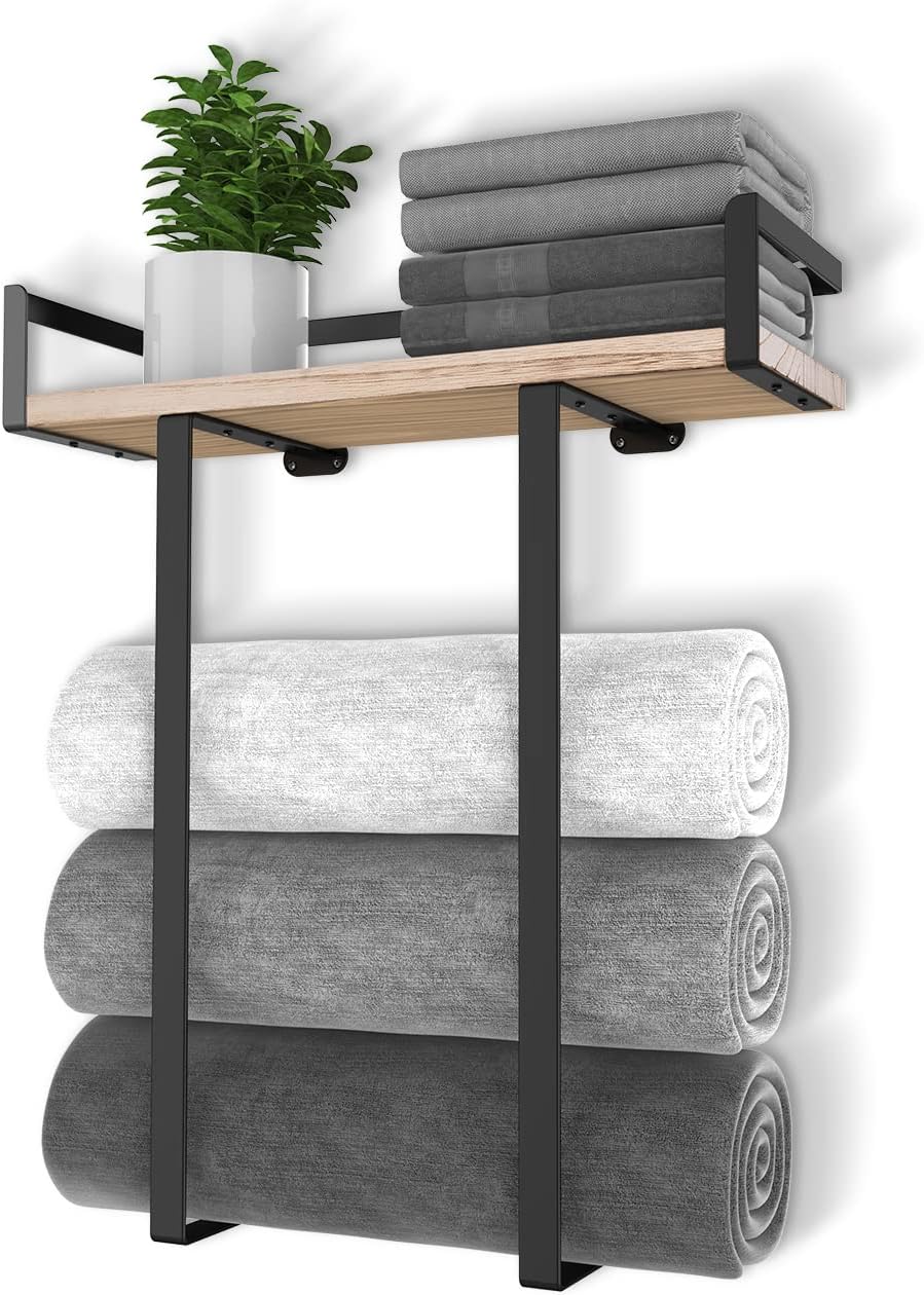 Towel Racks for Bathroom Wall Mounted, Xstydes Metal Towel Holder with Wooden Sh...