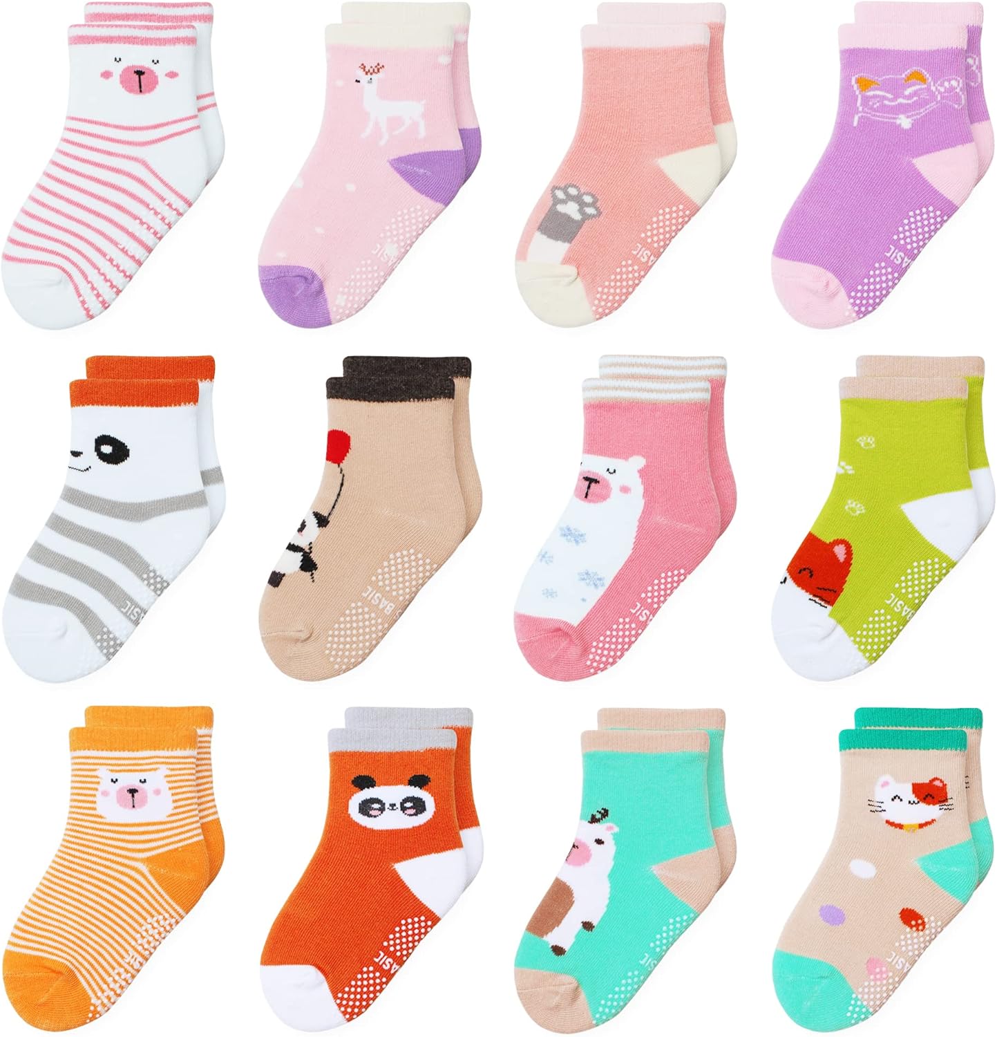 12 Pack Non Slip Kids Toddler Baby Socks with Grips for 1-7 Years Boys Girls Cot...