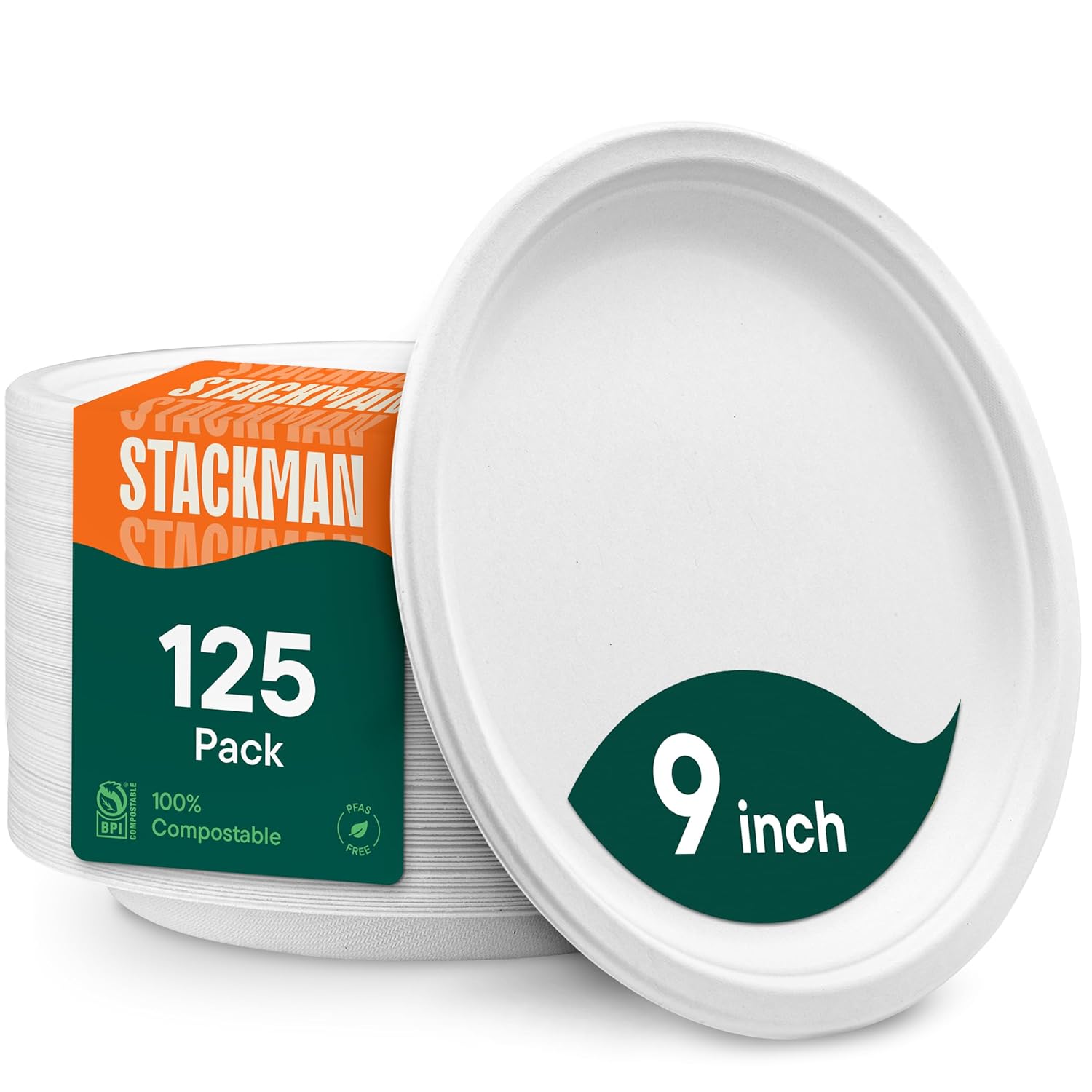 Stack Man 100% Compostable Paper Plates 9 Inch Heavy-Duty [125-Pack] Eco-Friendl...