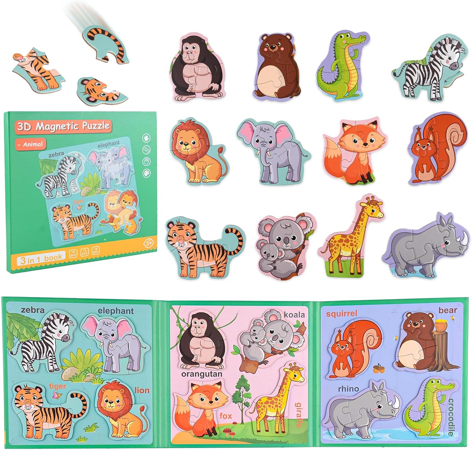 ASTARON Magnetic Animal Puzzle with 80 Puffy Stickers for Toddlers, 41 Pieces Pu...