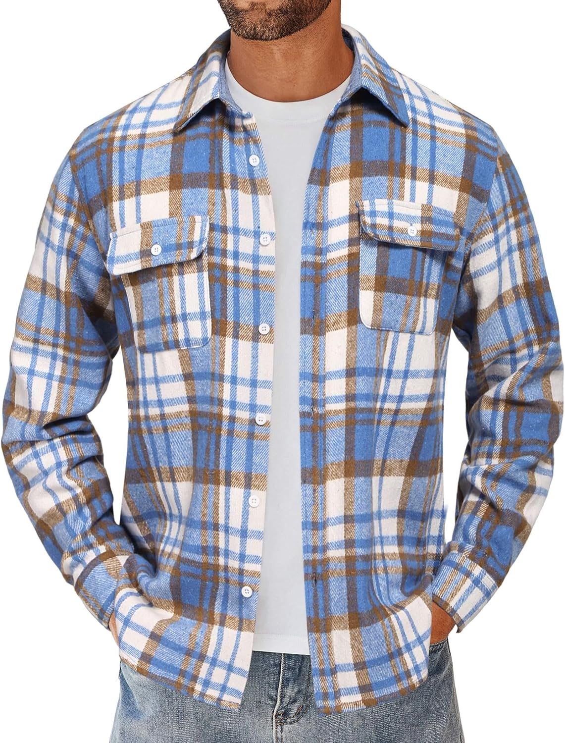 COOFANDY Men's Flannel Shirts Long Sleeve Cotton Plaid Shirt Jacket Casual Butto...