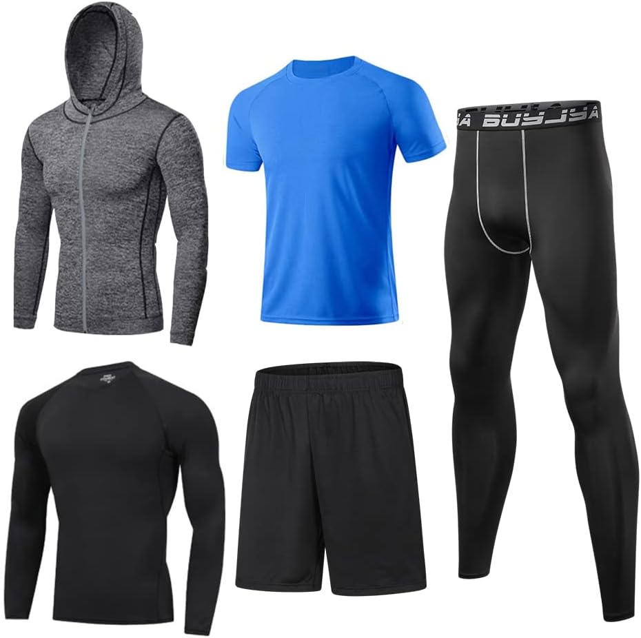 BUYJYA 5Pcs Men's Compression Pants Shirt Top Long Sleeve Jacket Athletic Sets G...