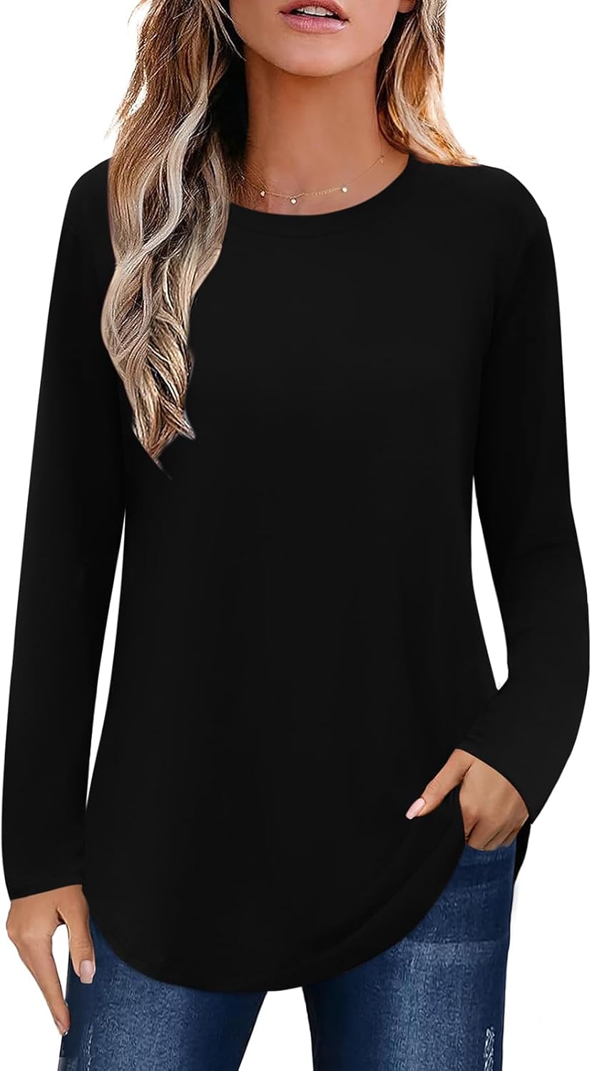 Elesomo Womens Shirts Casual Crew Neck Short/Long Sleeve Tunic Tops Tees Long Sl...