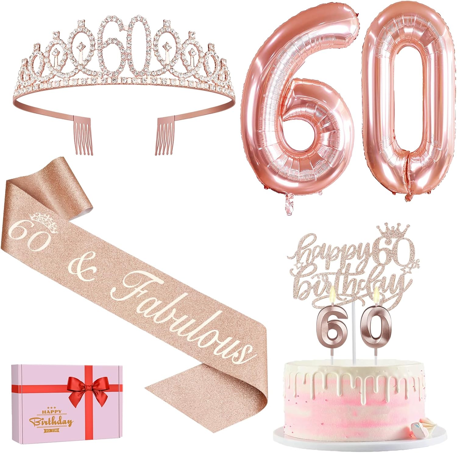 Amosking 60th Birthday Decorations for Women, Including 60th Birthday Sash and T...