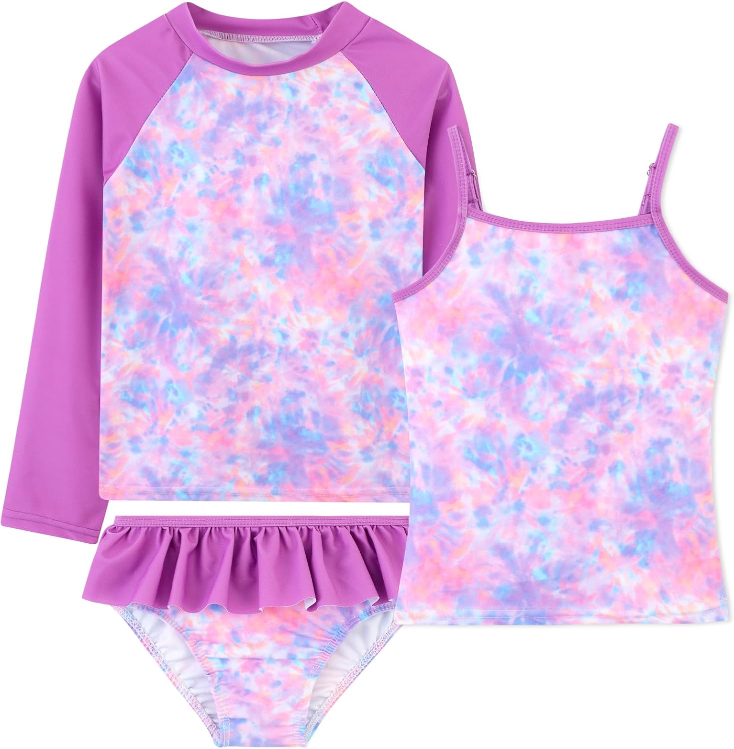 DAXIANG Girls Rash Guard Swimsuit Long Sleeve Swim Shirt 3 Piece Tankini Bathing...