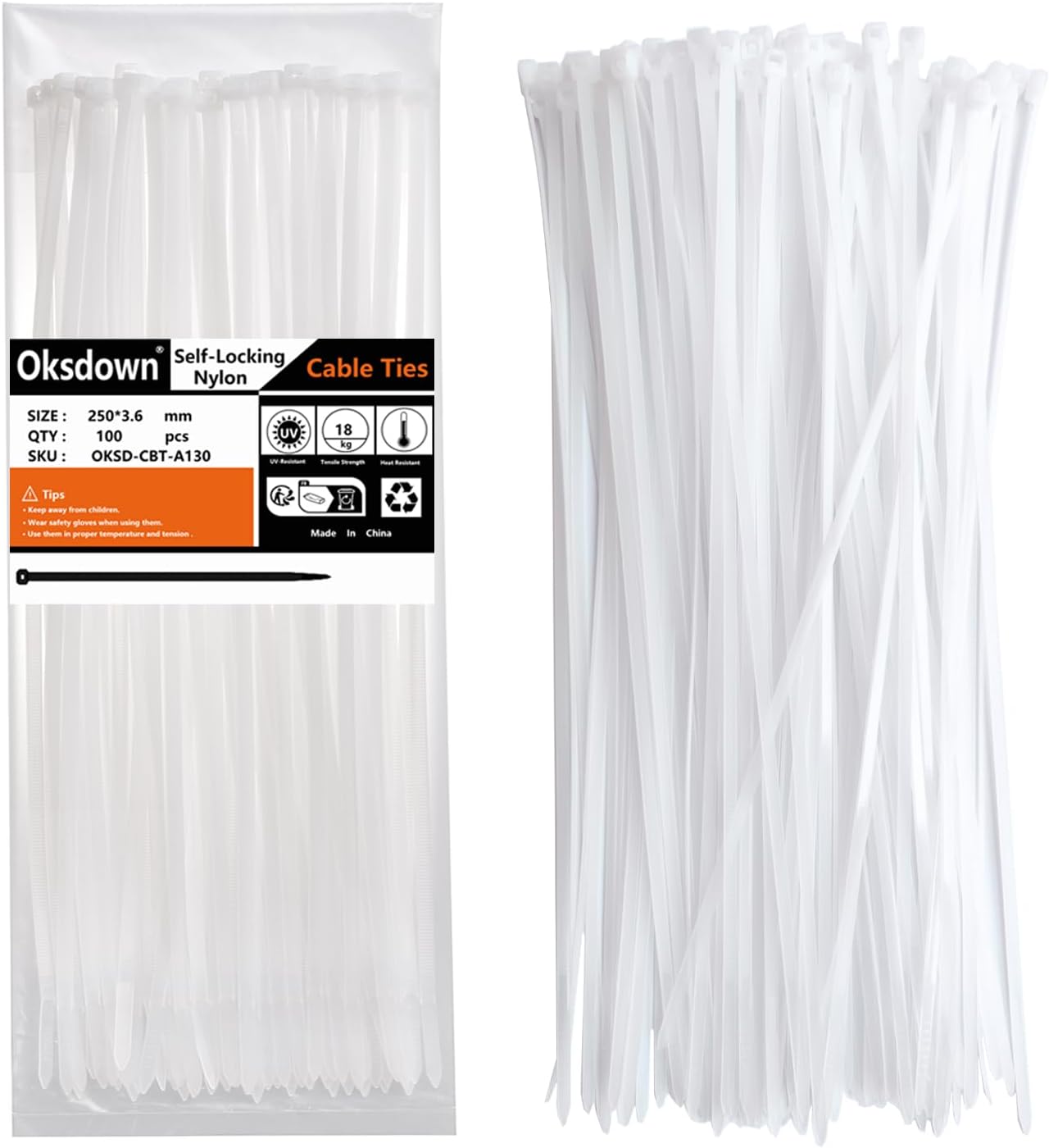 Oksdown 100 Pack White Cable Ties 250mm×3.6mm Strong Nylon Plastic Self Locking...