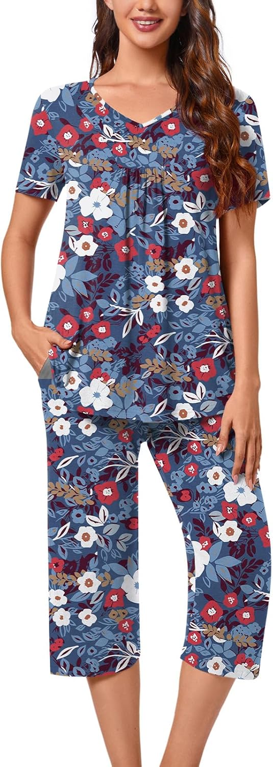 Aodemo Womens Summer Pajama Sets Pleated Sleepwear Ladies Short Sleeve Nightwear...