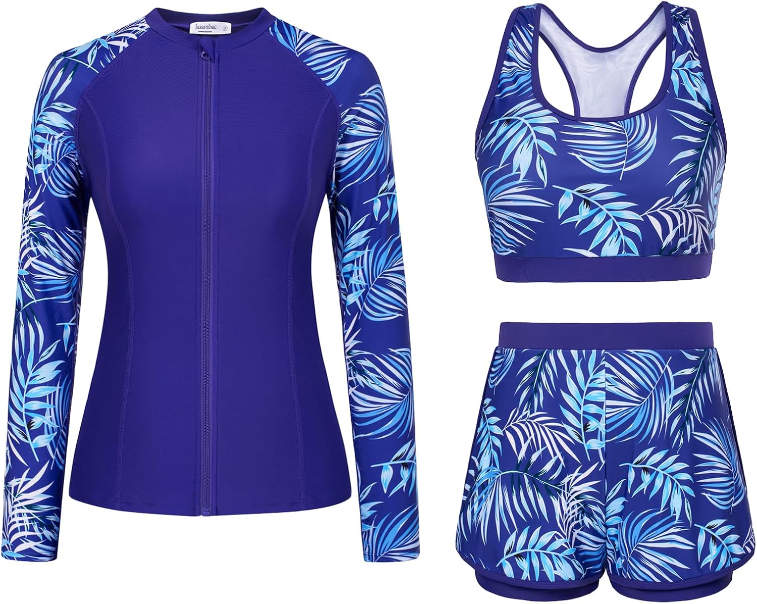 JASAMBAC Women's 3 Piece Rash Guard Long Sleeve Swimsuits with Boyshorts Zip Up...