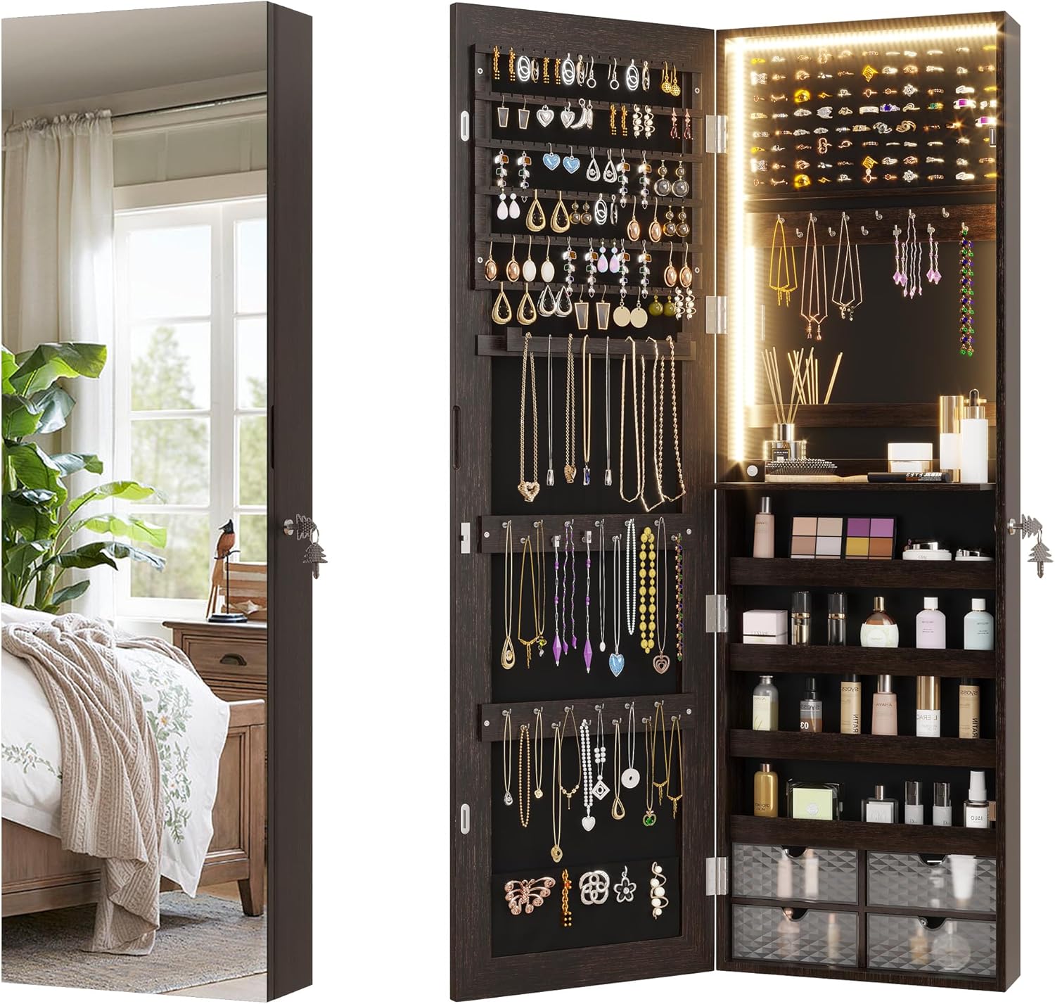 Vlsrka 47.2" LED Jewelry Mirror Cabinet, Wall/Door Mounted Jewelry Armoire Organ...