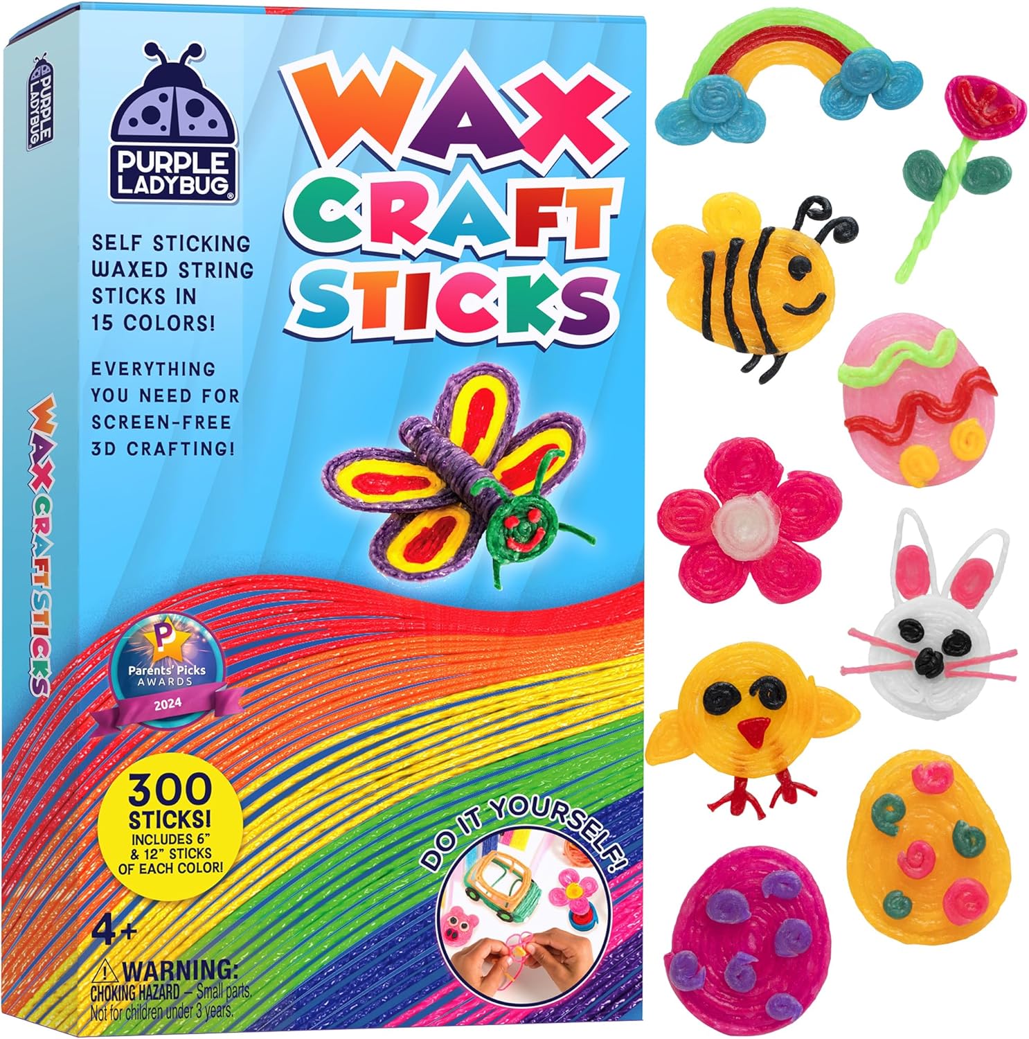 PURPLE LADYBUG Wax Craft Sticks for Kids Age 4+ – Easter Crafts, 15 Colors, 6-In...