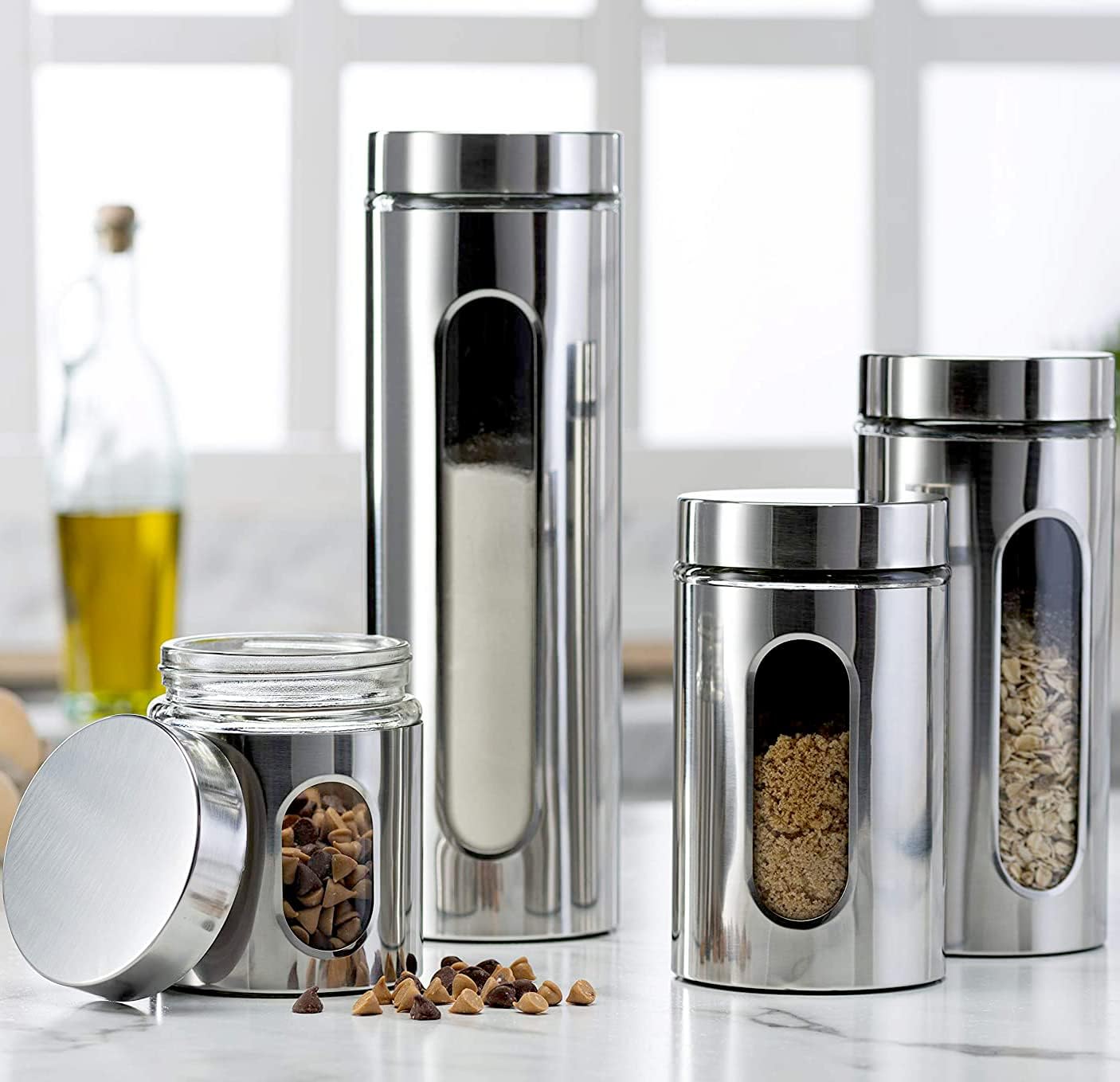 Quality 4pc Stainless Steel Canister Set for Kitchen Counter with Glass Window &...