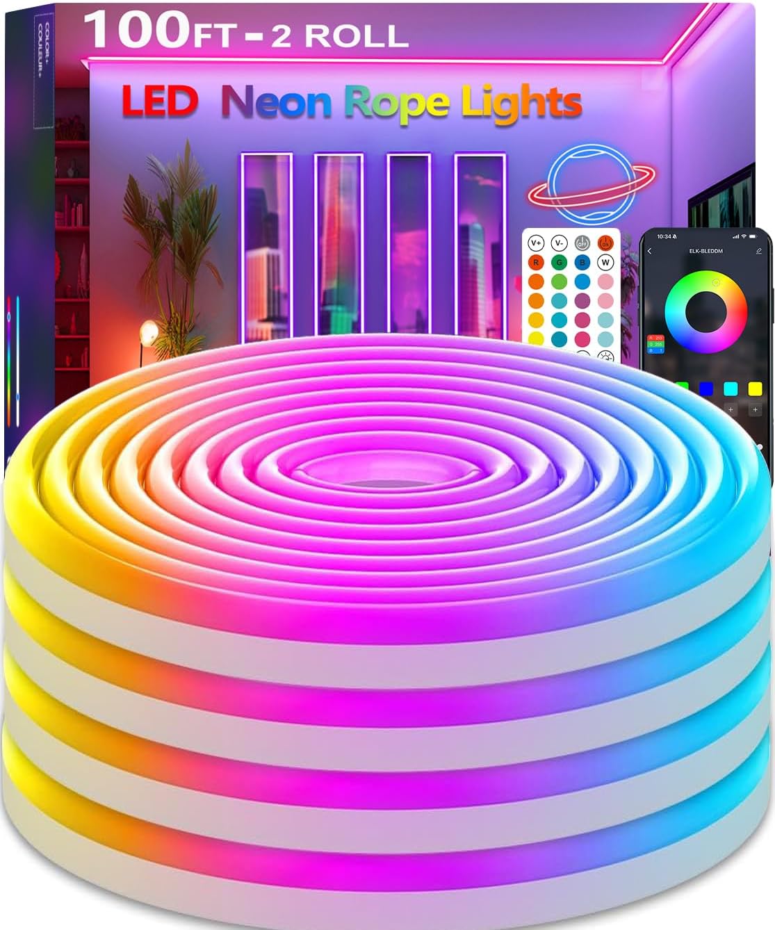 100FT (2 Rolls 50FT) Neon Rope Lights,Flexible Led Rope Lights Control with App/...