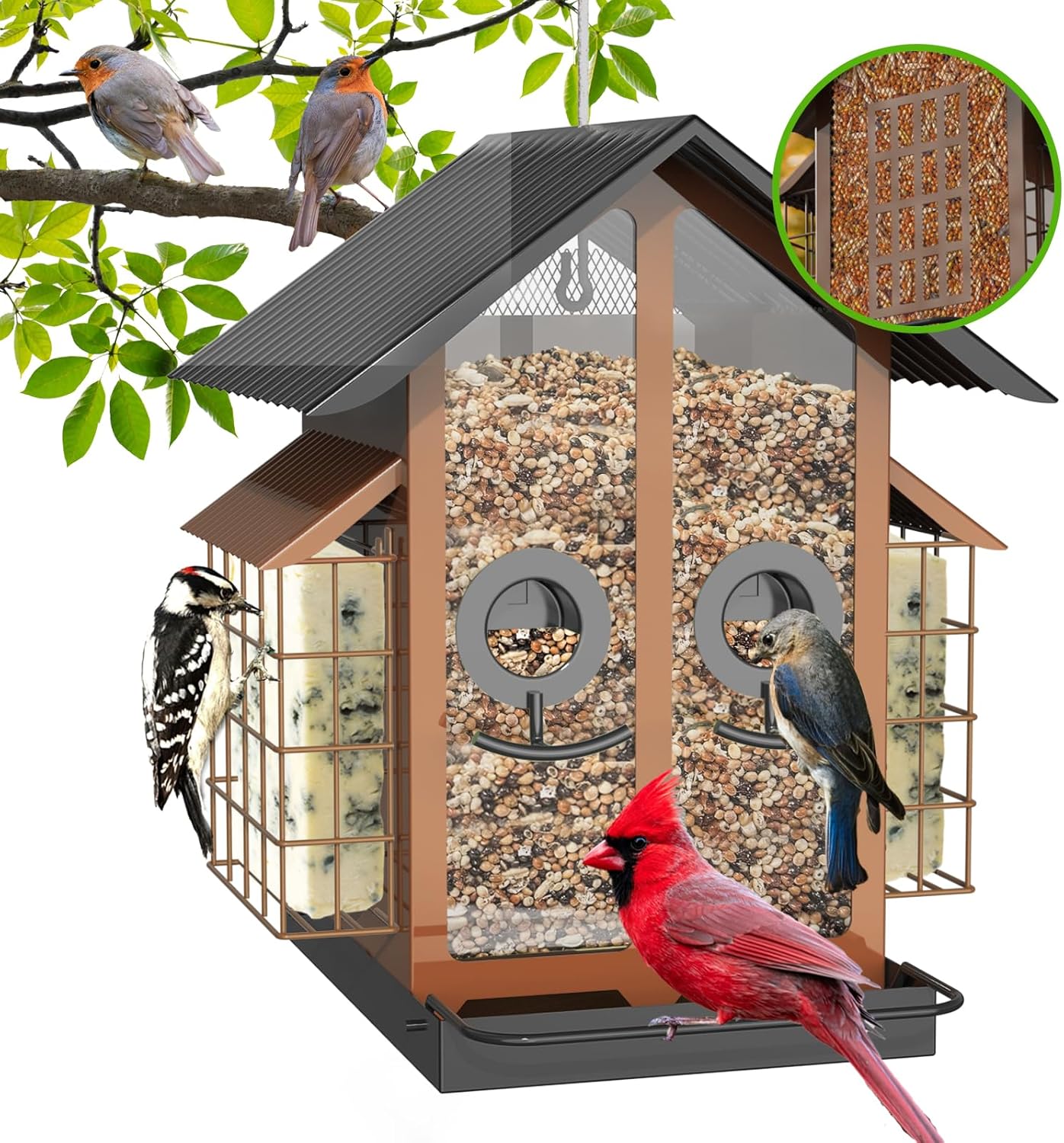 Bird Feeders for Outdoors, Metal Bird Feeder with Double Suet Cage Weatherproof...