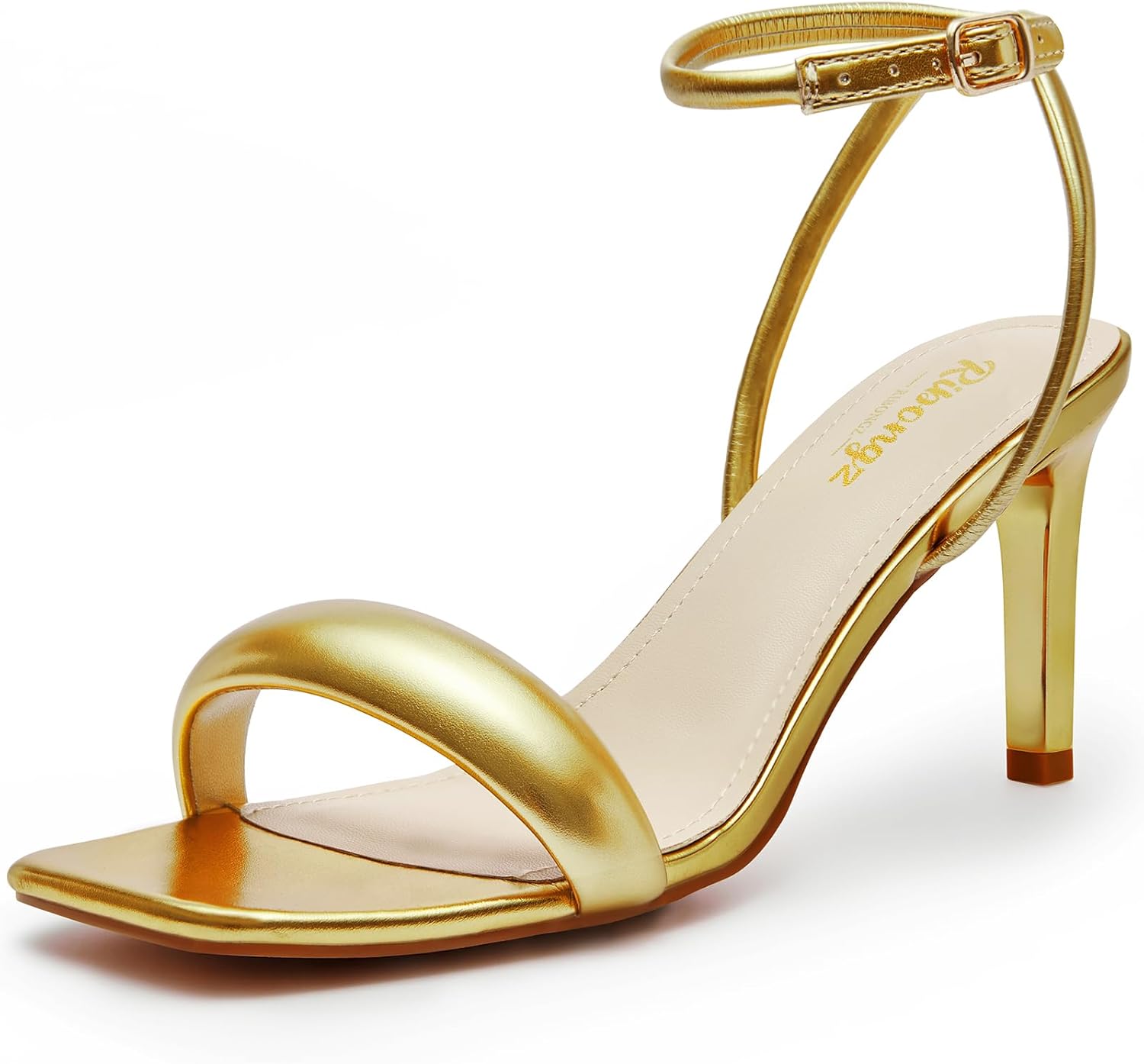 RIBONGZ Womens Sandals Dressy Gold Strappy Square Open Toe Chunky Heels Ankle St...