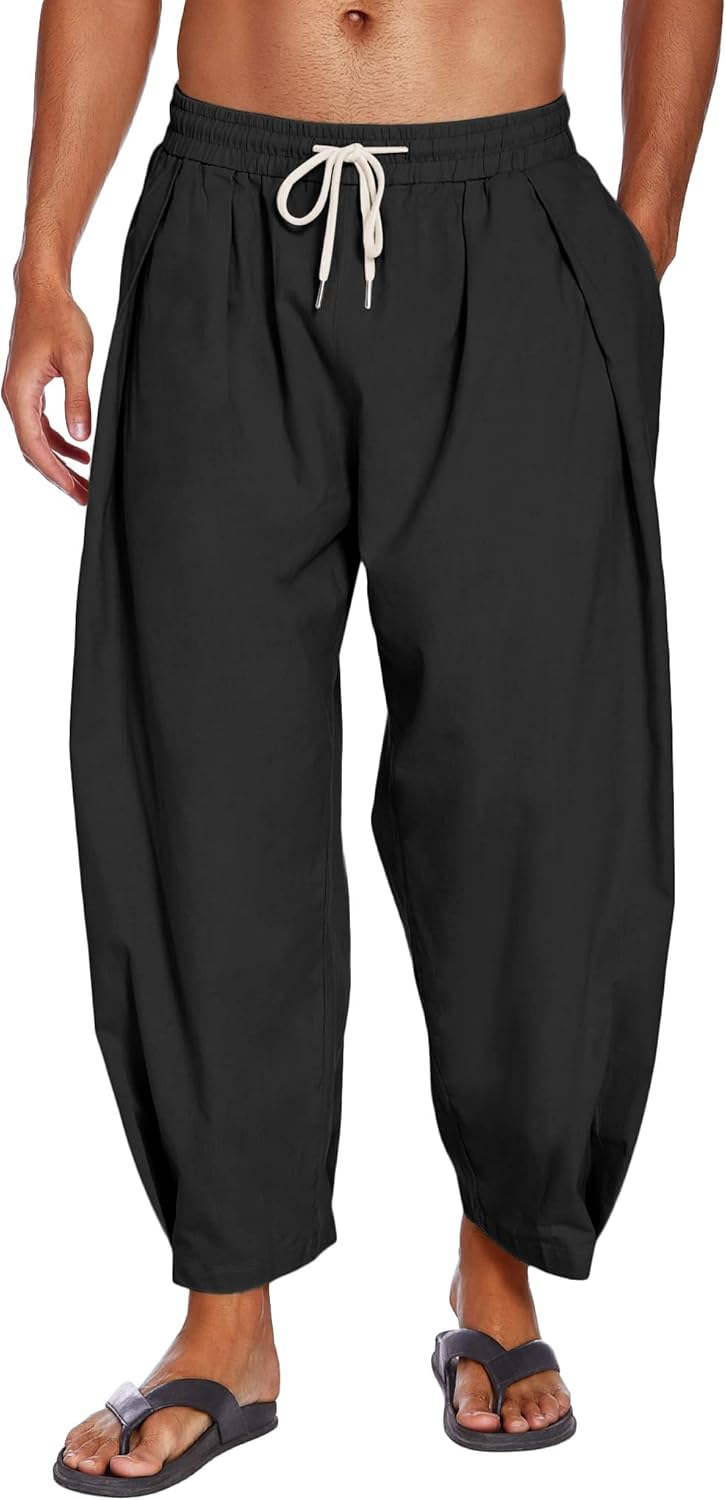 COOFANDY Men's Cotton Linen Harem Pants Drawstring Casual Cropped Trousers Light...