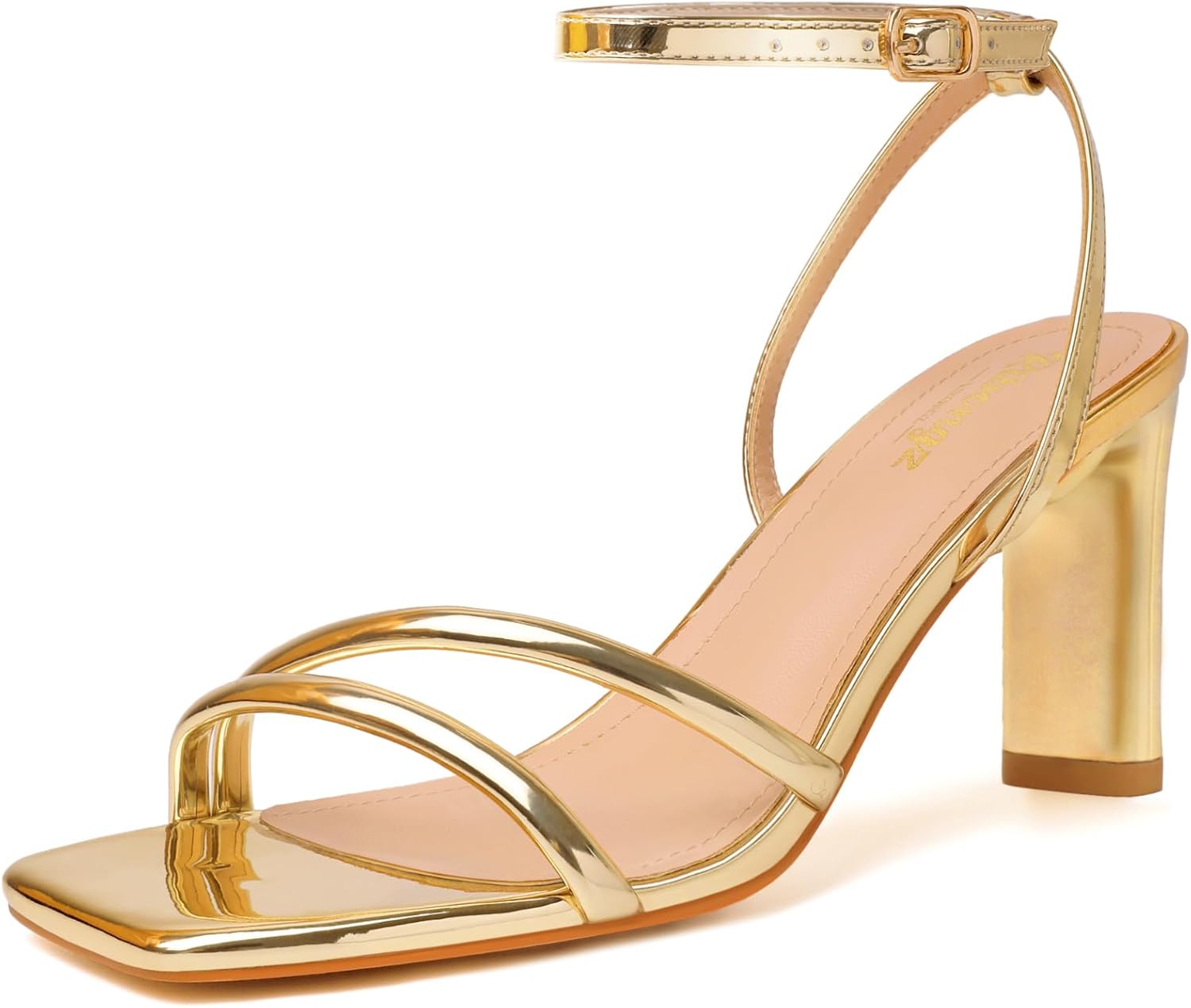 RIBONGZ Womens Strappy Heels Square Open Toe High Heels for Women Ankle Strap Ch...
