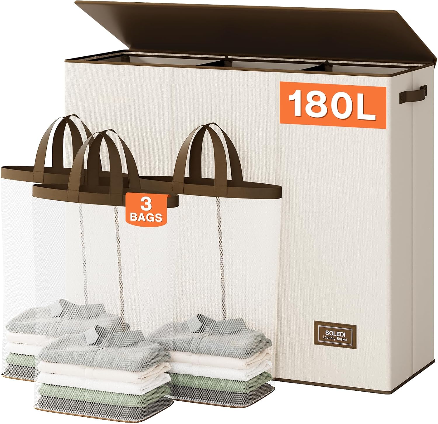 SOLEDI 180L Laundry Hamper 3 Section, Extra Large Laundry Hamper with Lid, Dirty...
