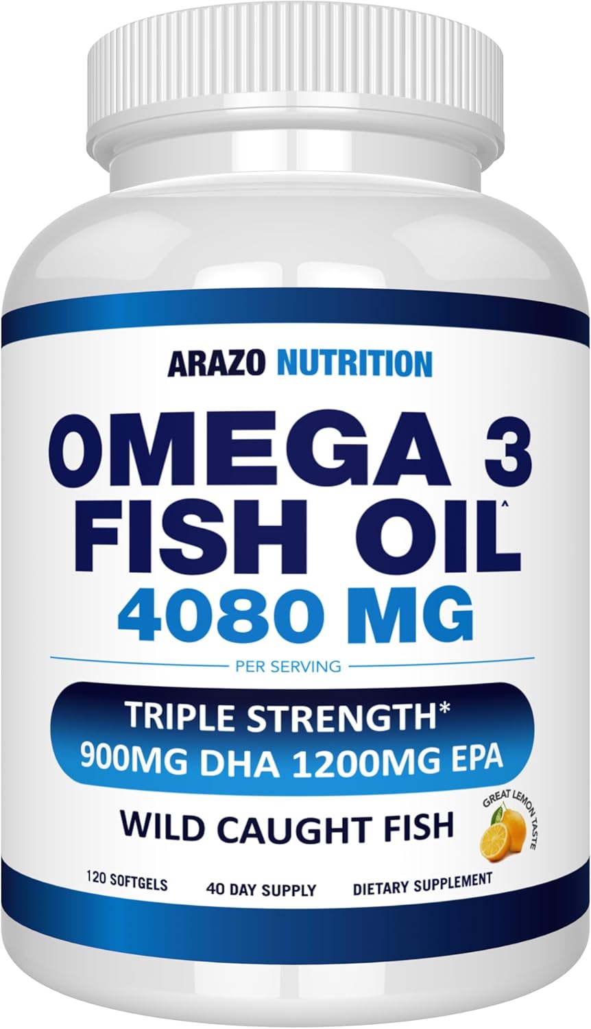 Arazo Nutrition Wild Caught Omega 3 Fish Oil – 120 Soft Gels – 4,080mg High EPA...