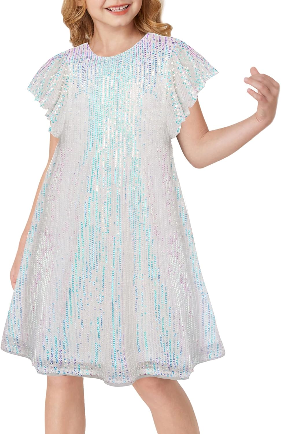 GRACE KARIN Girls Sequin Dress Short Flutter Sleeve Flare Silhouette Midi Dress...
