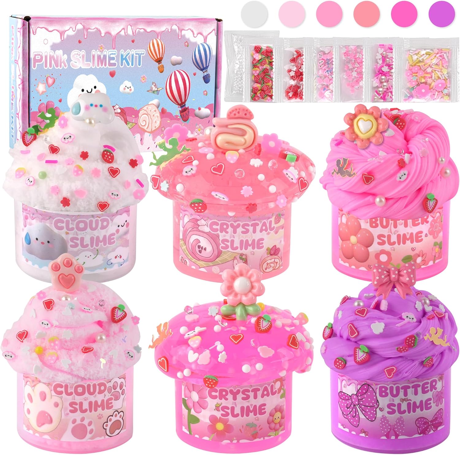 6 Packs Gradient Pink Slime Kit - Cloud Slime, Butter Slime & Clear Slime, Crunc...