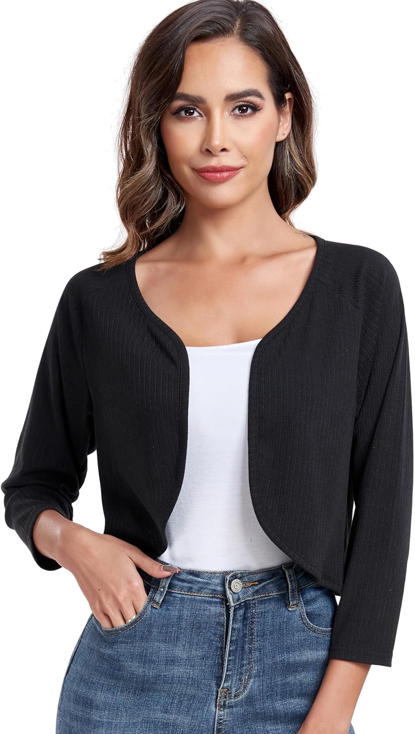 Women's Bolero Shrug Crop Cardigan Open Front Knit Sweater 3/4 Sleeve Tops Black...
