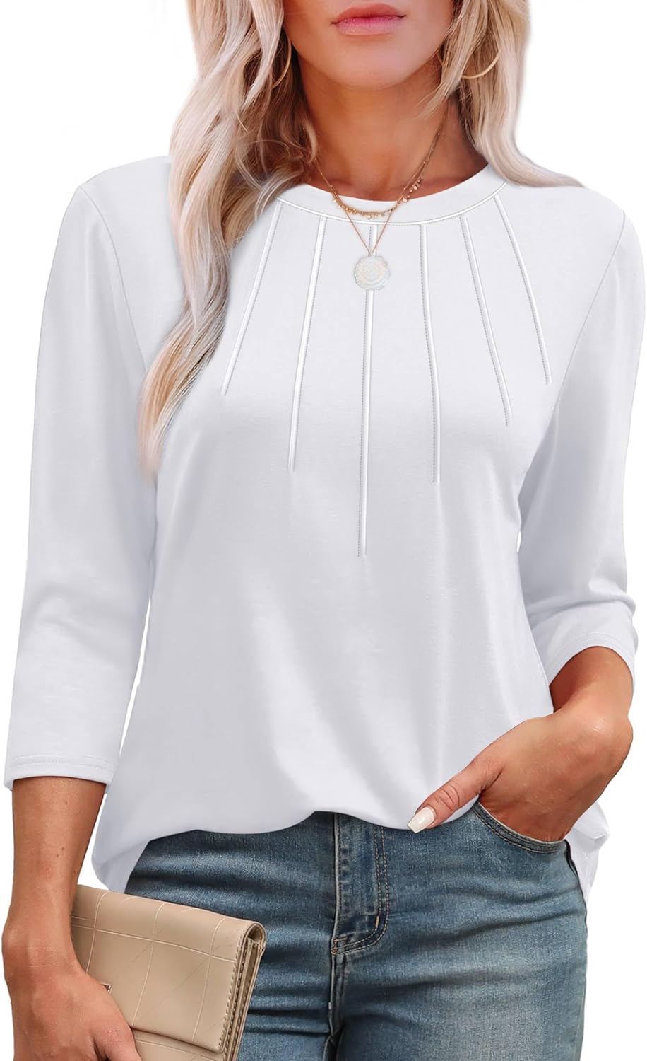 XIEERDUO 3/4 Length Sleeve Womens Tops Round Neck Casual Tunic Tops Basic Pleate...
