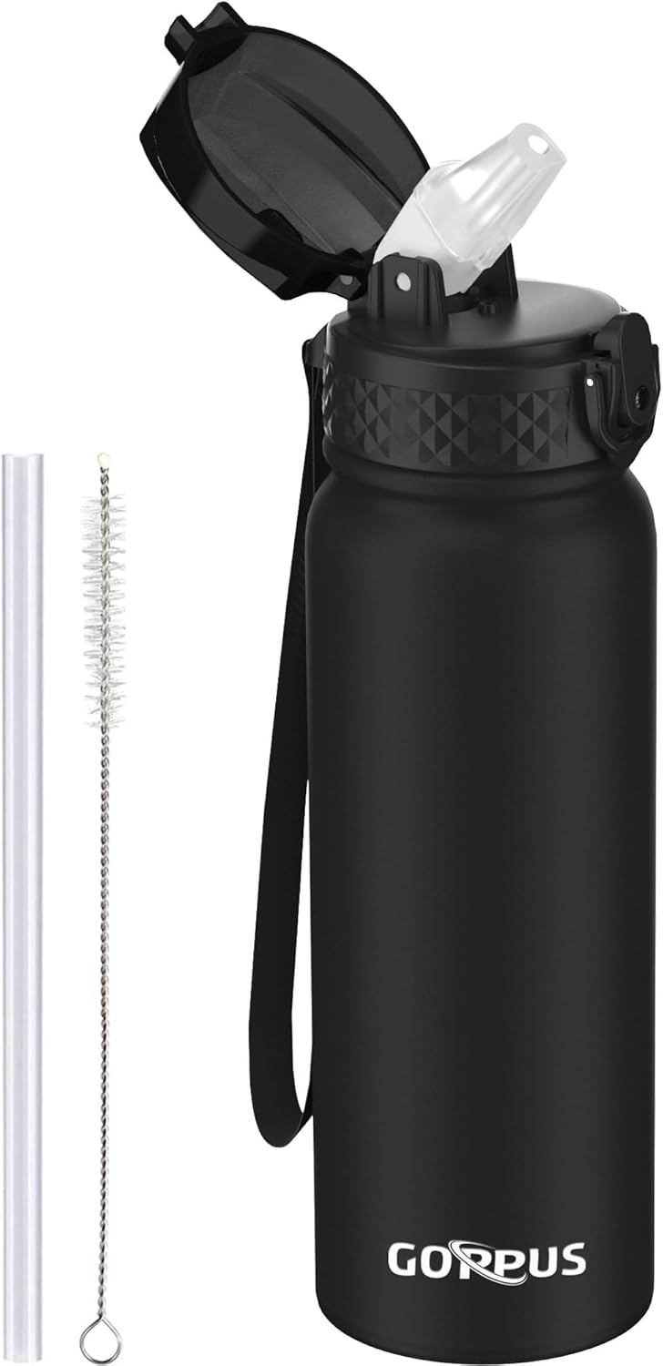 GOPPUS 600ml/20oz Stainless Steel Water Bottle with Straw Insulated Sports Bottl...