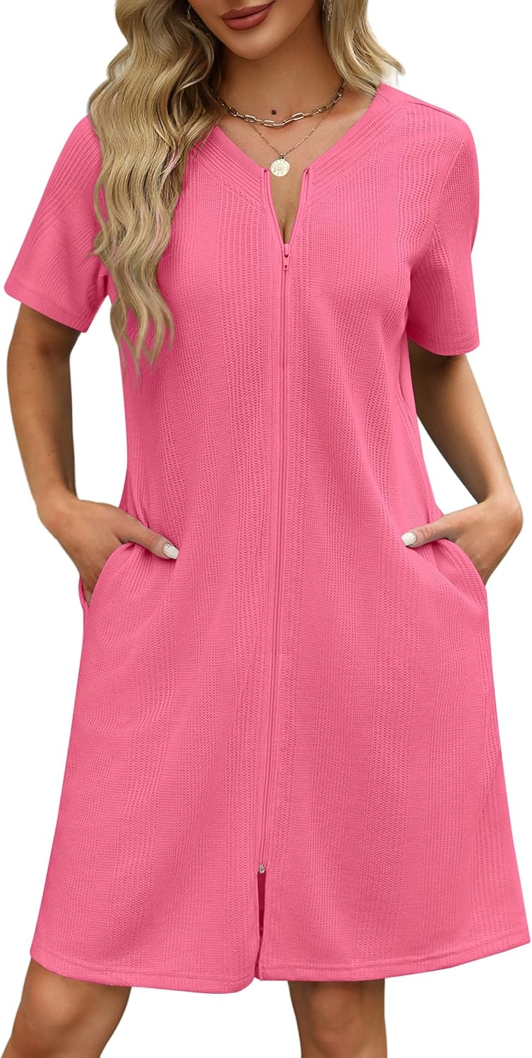 Ekouaer Women Zipper Robes Waffle Short Bathrobe Lightweight House Coat with Poc...