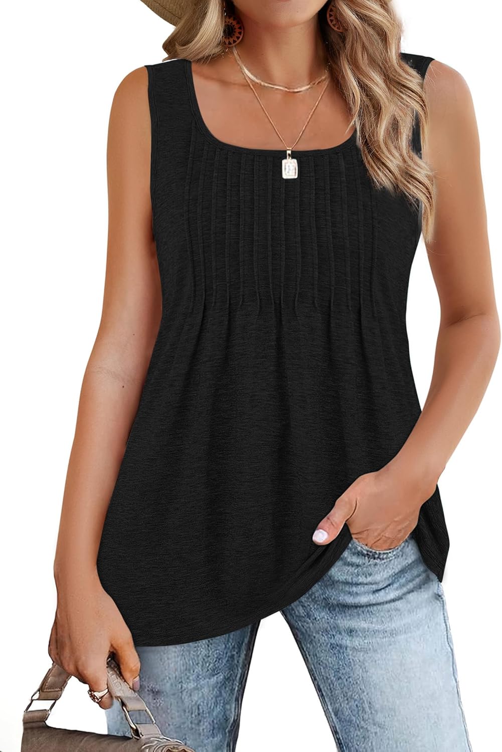Zeagoo Women's Summer Tank Tops 2025 Pleated Square Neck Loose Fit Casual Flowy...