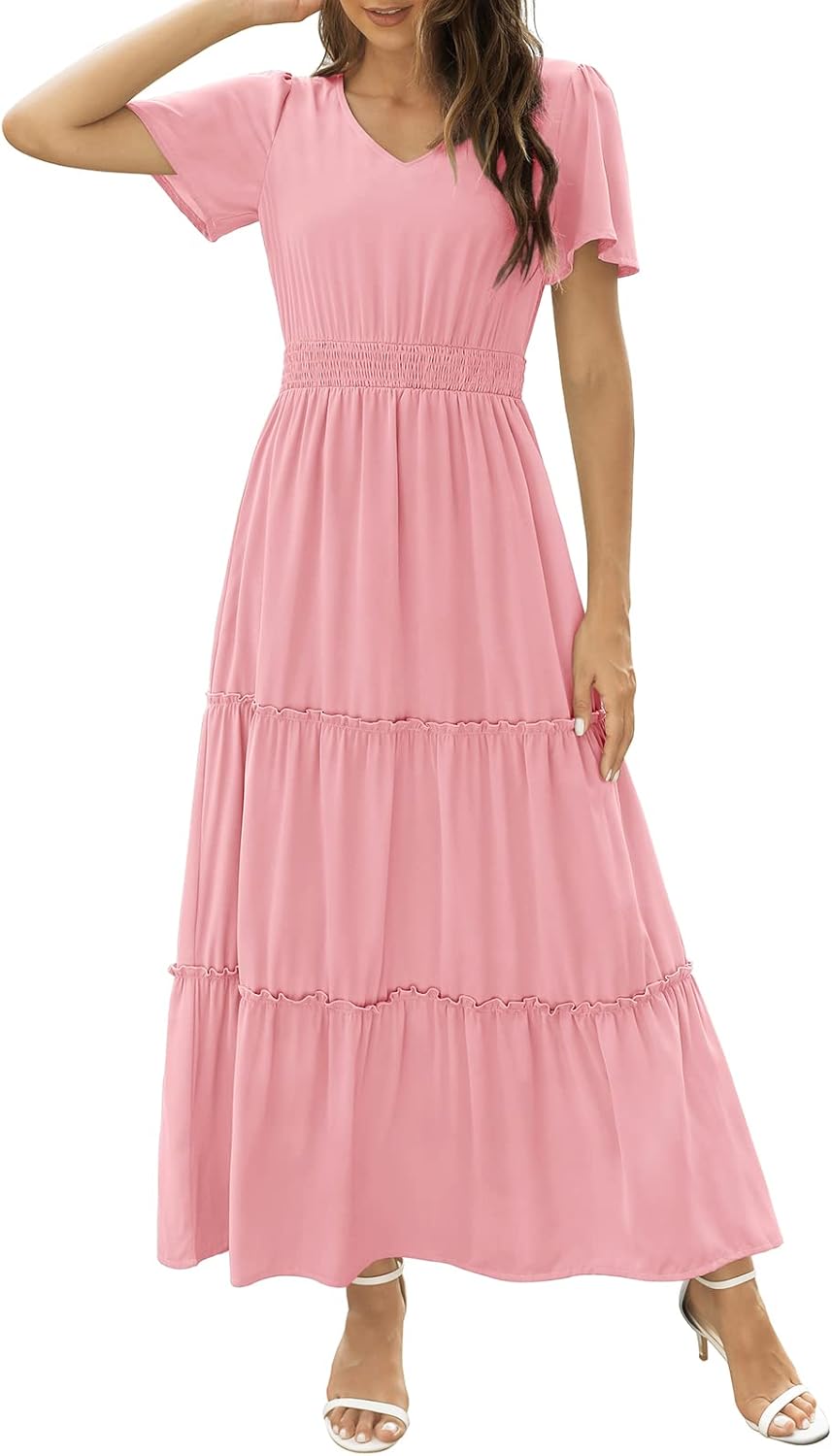 Zattcas Womens 2025 Long Summer Dress Short Flutter Sleeve V Neck Casual Smocked...