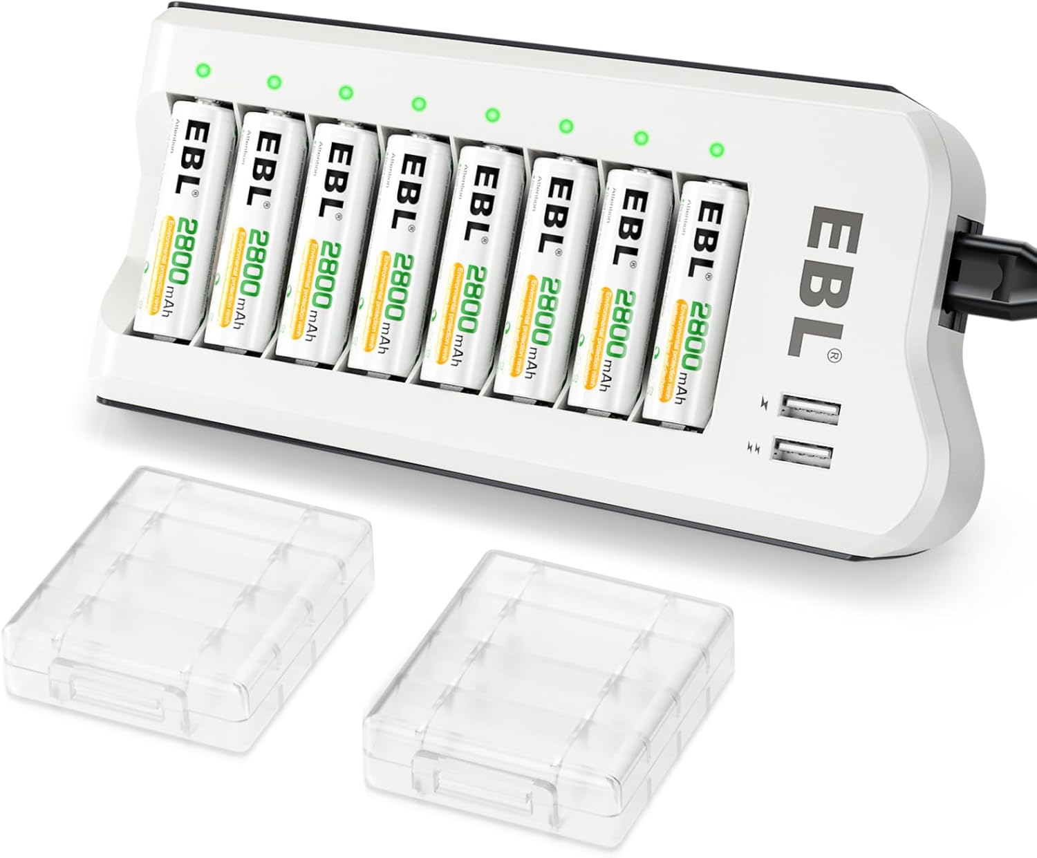 EBL Upgraded 8 Bays AA AAA Battery Charger with USB Ports and 8 Counts 2800mAh A...